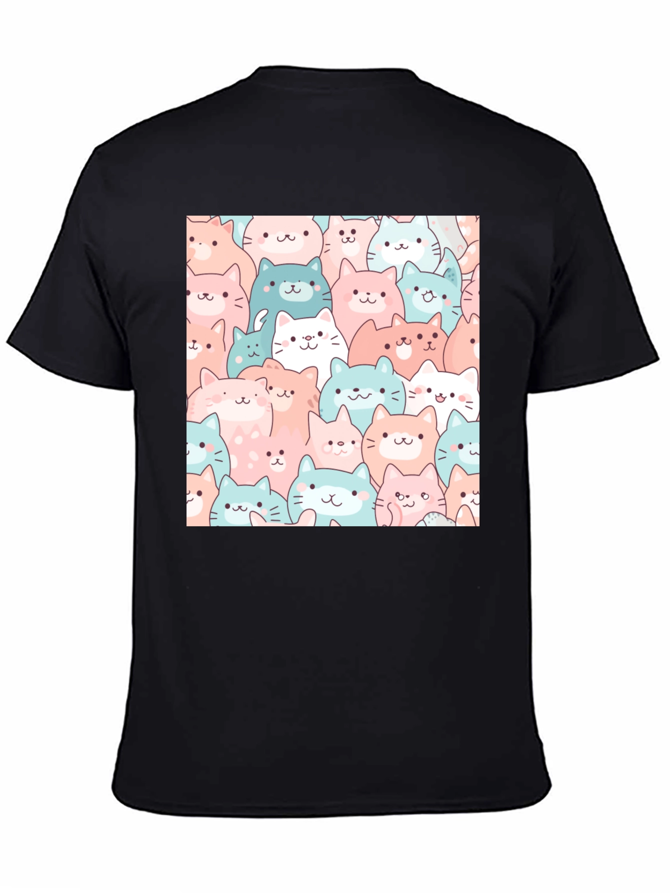 Black Cute Cats Pattern Black T-Shirt view 4