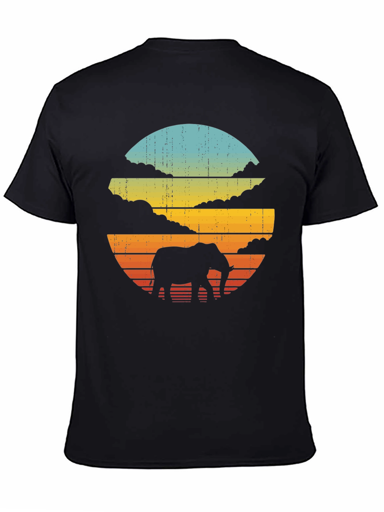 Black Retro Elephant Sunset Black T-Shirt view 4