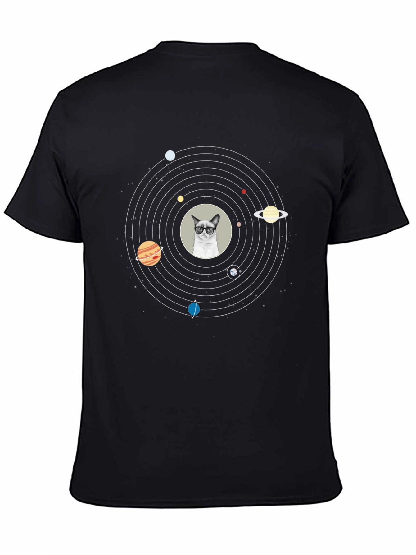 Black Cat Planet T-Shirt - Solar System Funny Tee view 4