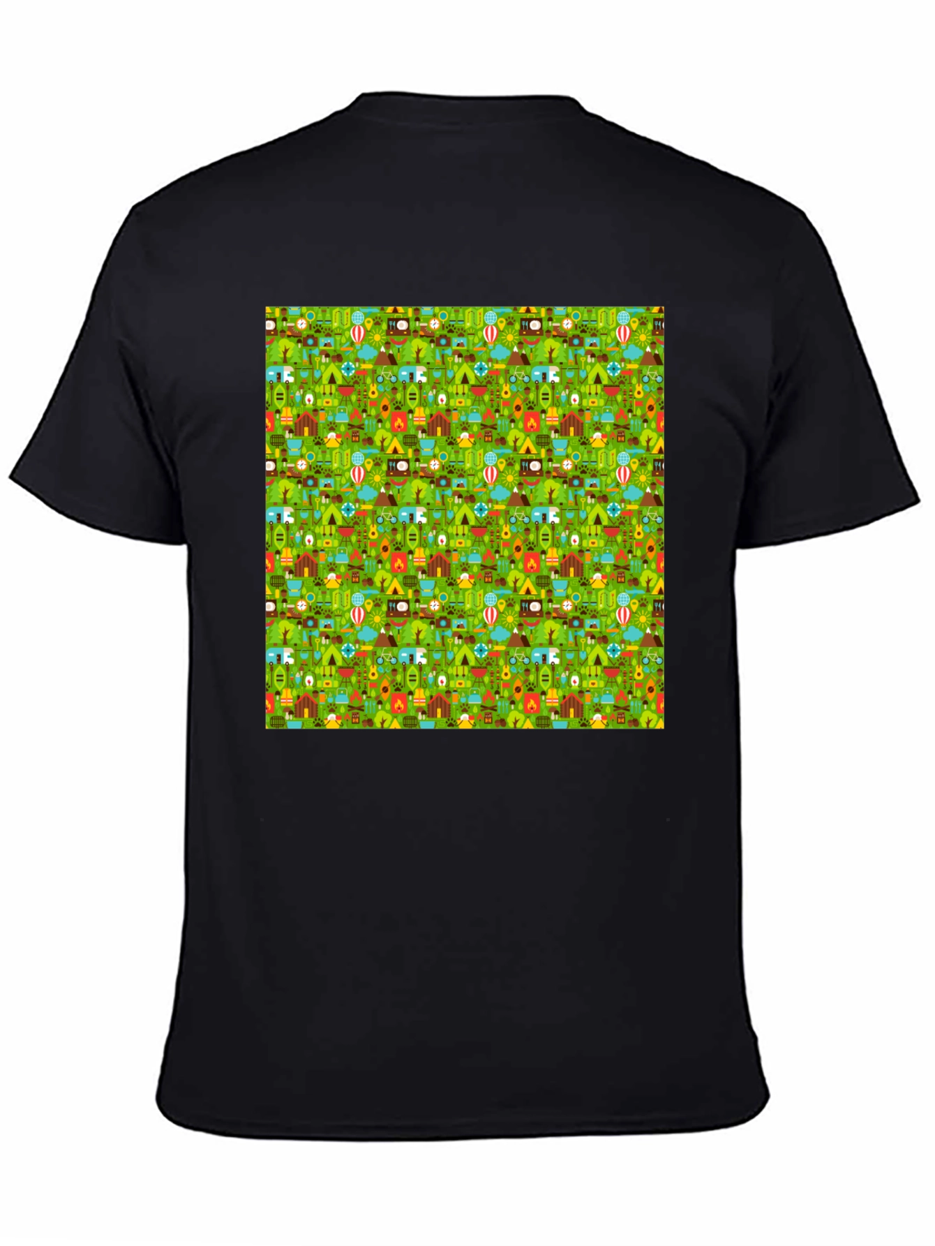 Black Camping Pattern Crew Neck T-Shirt view 4
