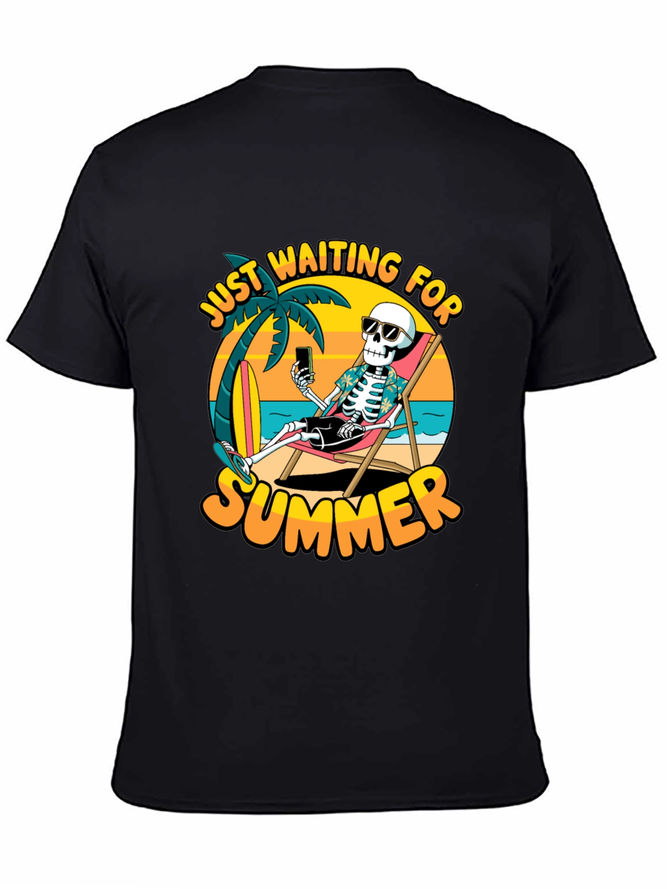 Black Just Waiting For Summer T-Shirt - Skeleton Beach Design view 4