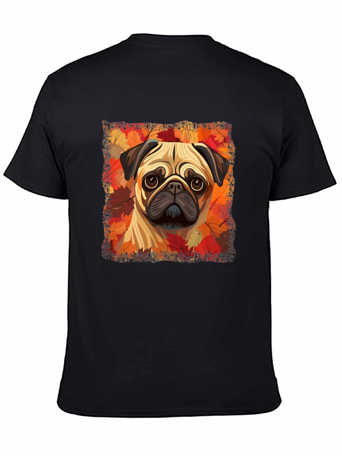 Black Pug in Autumn Leaves Graphic T-Shirt view 4