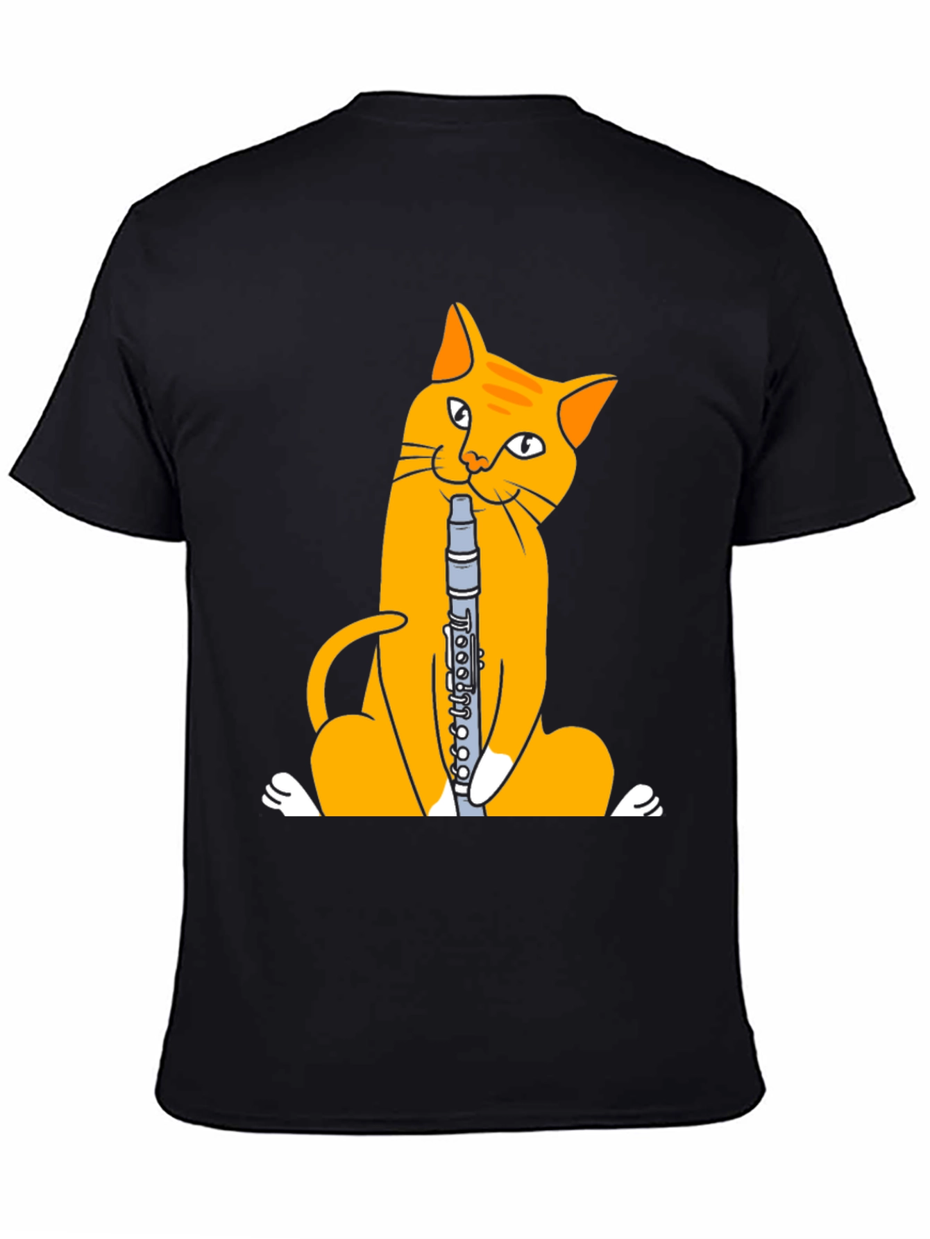 Black Cat Playing Clarinet T-Shirt - Black Cotton Tee view 4