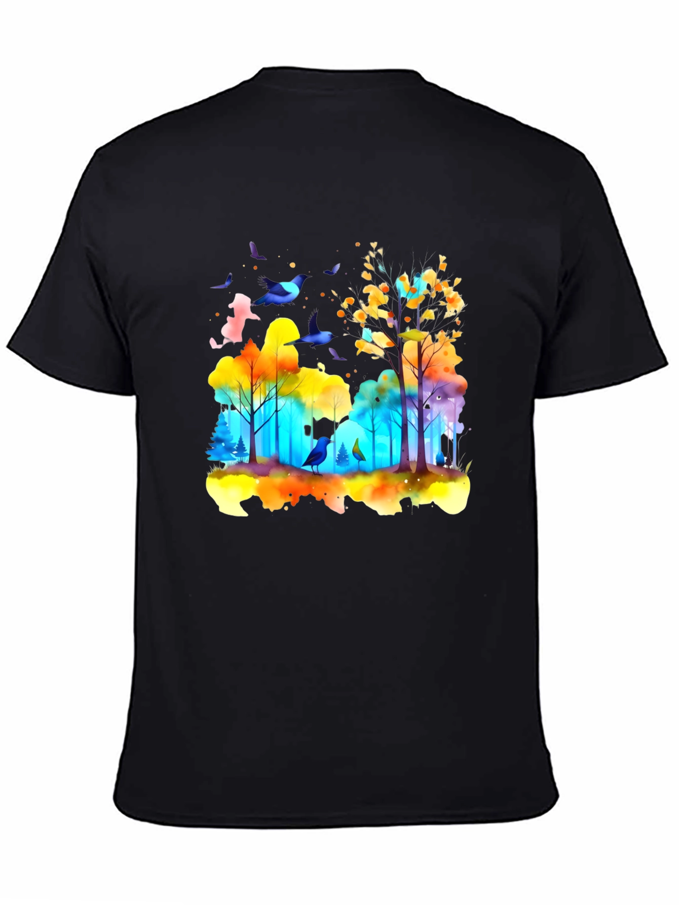 Black Watercolor Forest Birds T-Shirt view 4