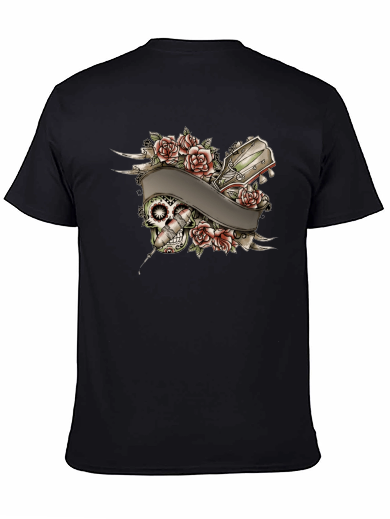 Black Skull Roses Tattoo Style Graphic Tee view 4
