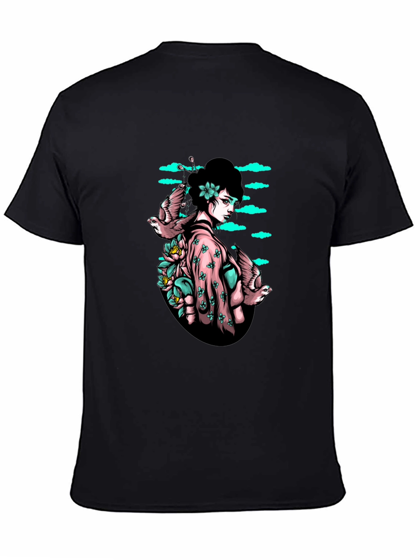 Black Geisha & Birds Graphic Tee - Unique Black T-Shirt view 4