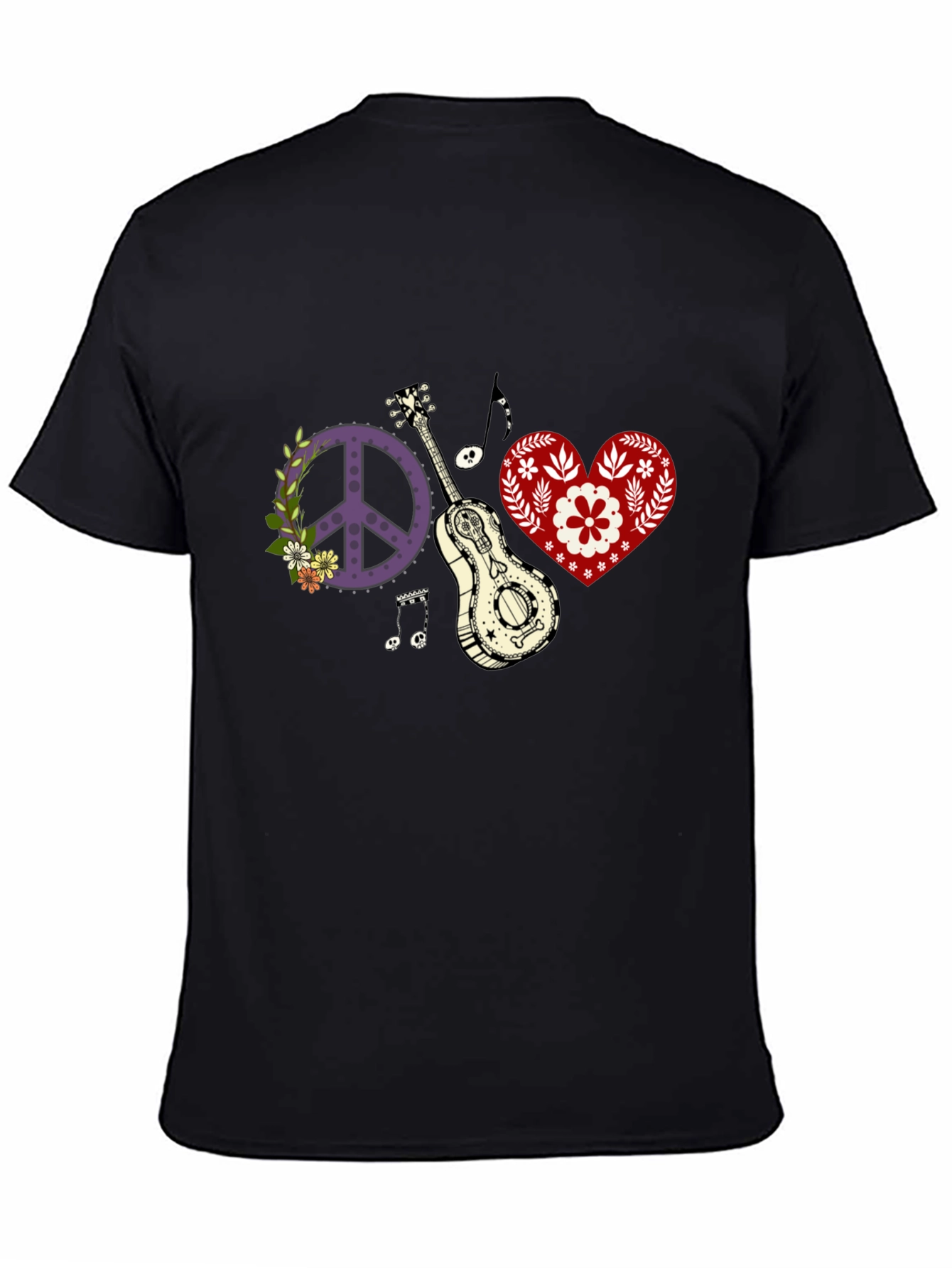 Black Peace, Love & Music T-Shirt - Black Cotton Tee view 4