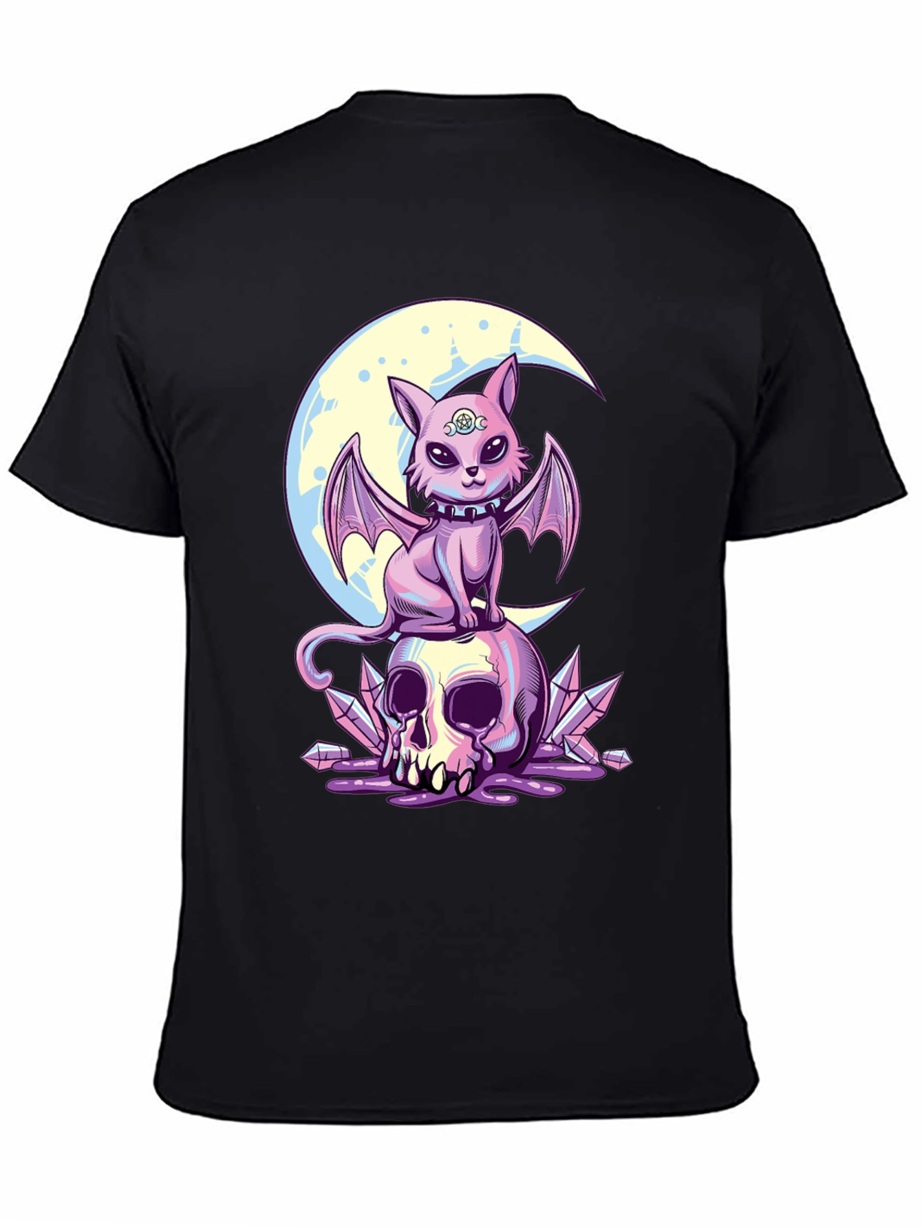 Black Skull Moon Bat Cat Graphic T-Shirt view 4