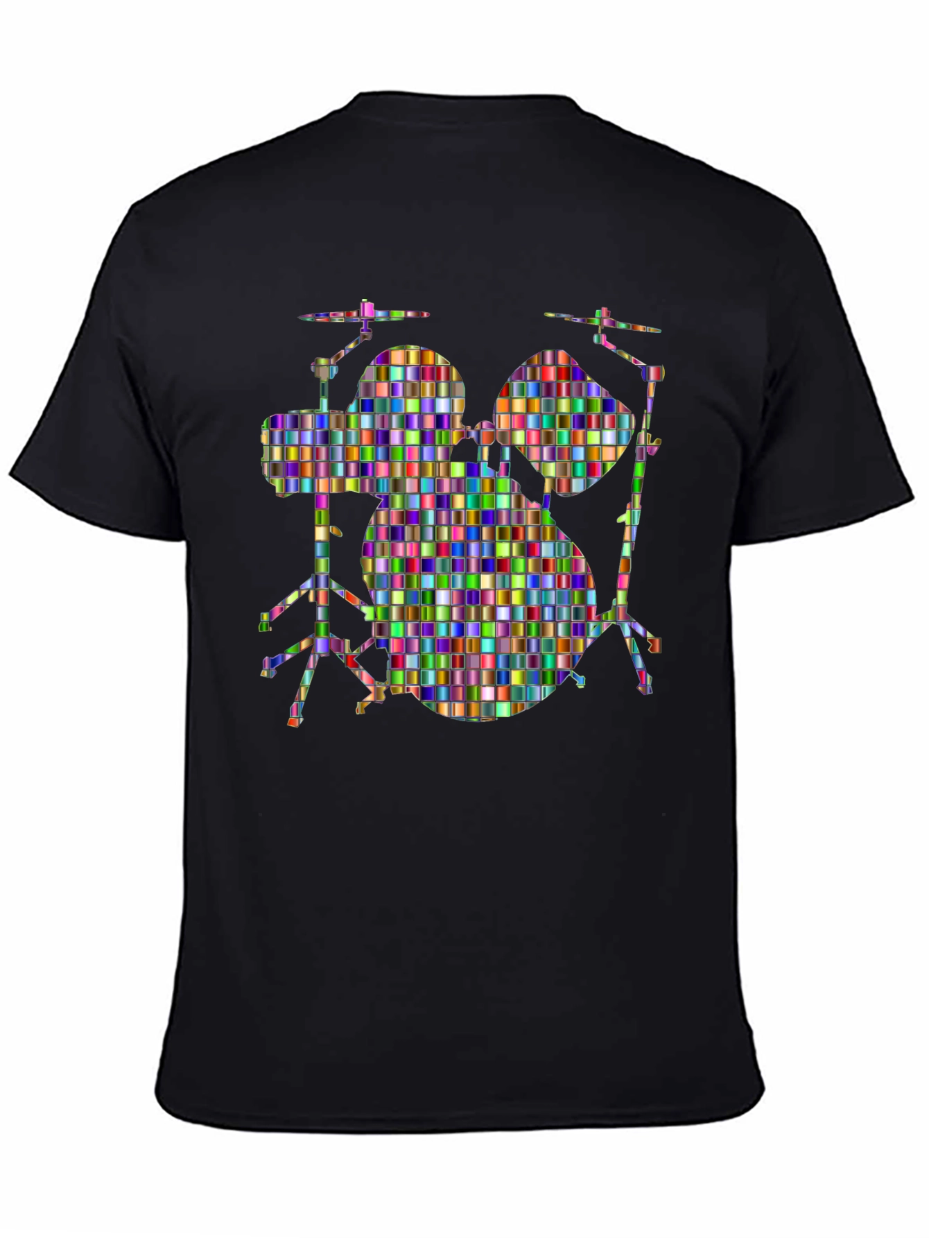 Black Colorful Drum Set Graphic Tee - Black Cotton T-Shirt view 4