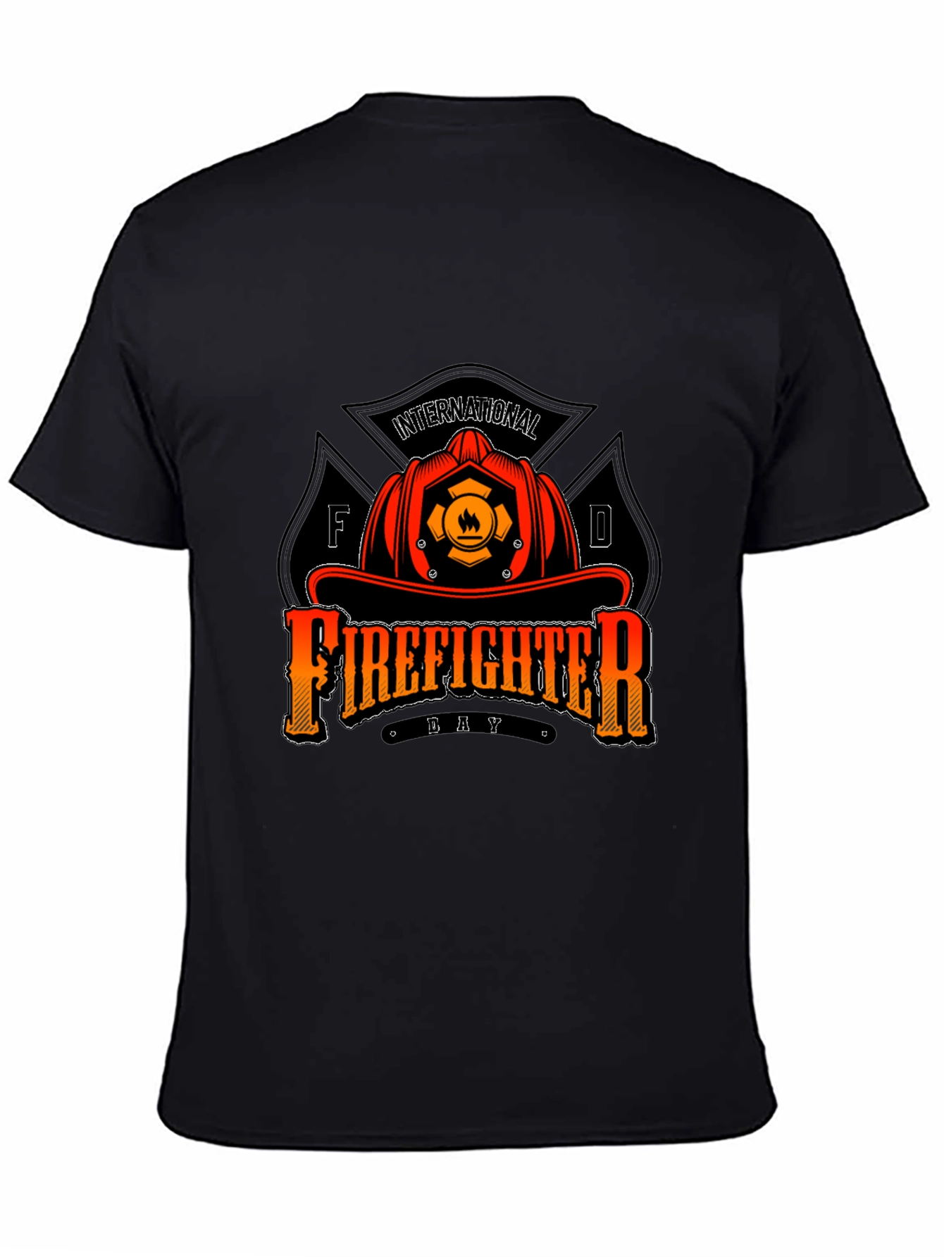 Black Firefighter Day T-Shirt - Black Crew Neck Tee view 4