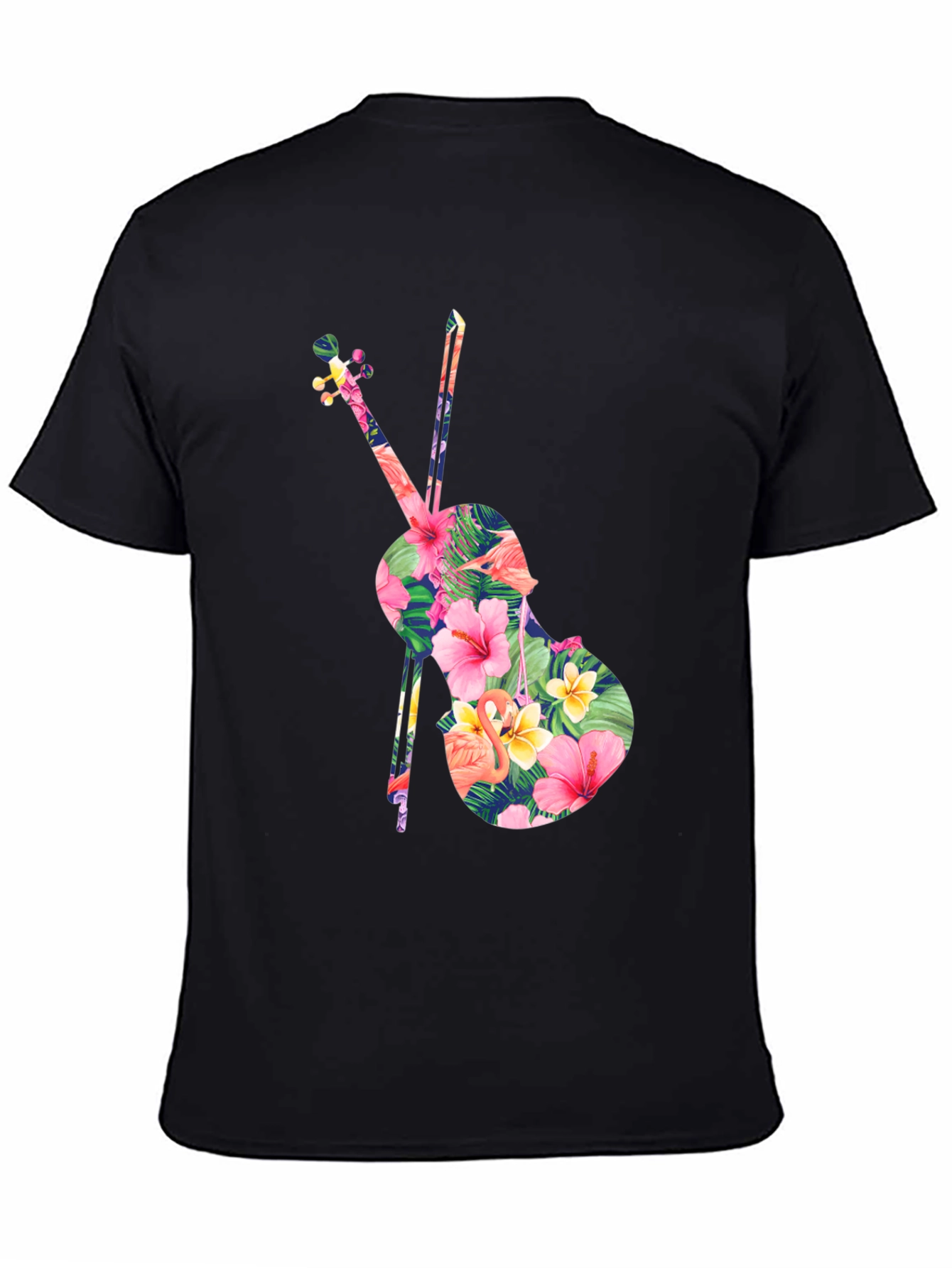 Black Floral Violin Graphic Tee - Tropical Music Lover Shirt view 4