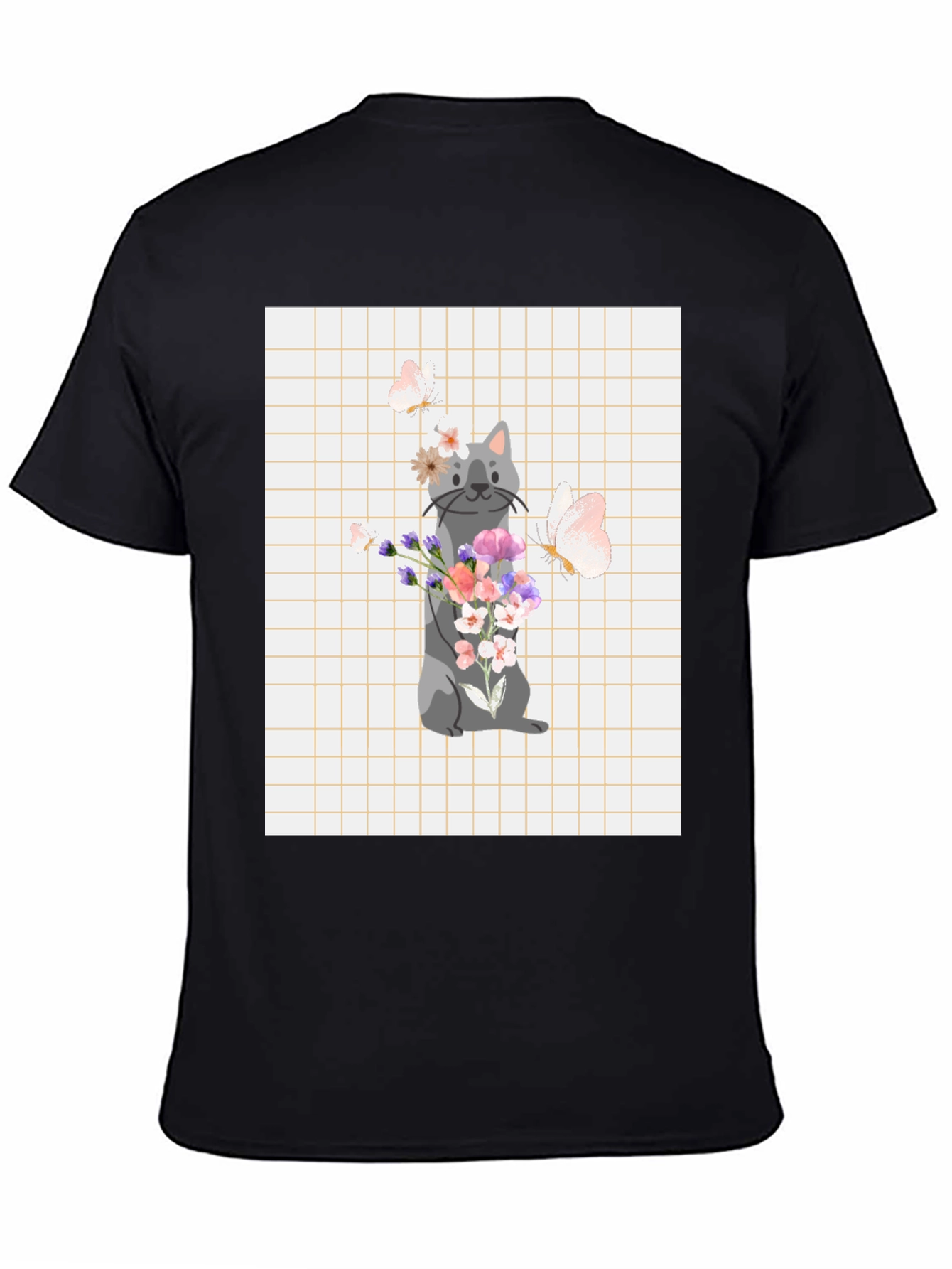 Black Cute Cat with Flowers Graphic T-Shirt view 4