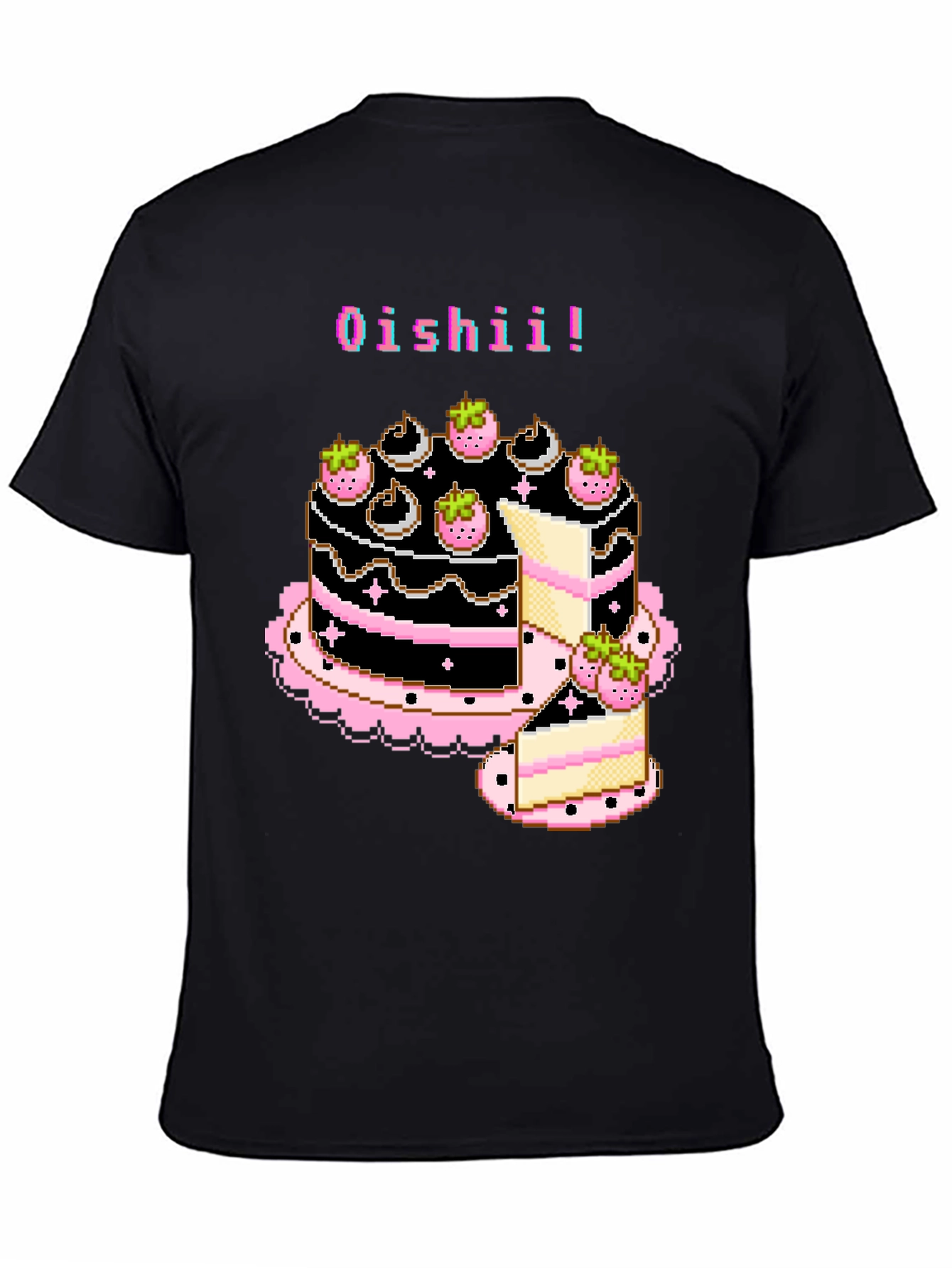 Black Pixel Art Oishii Cake T-Shirt view 4