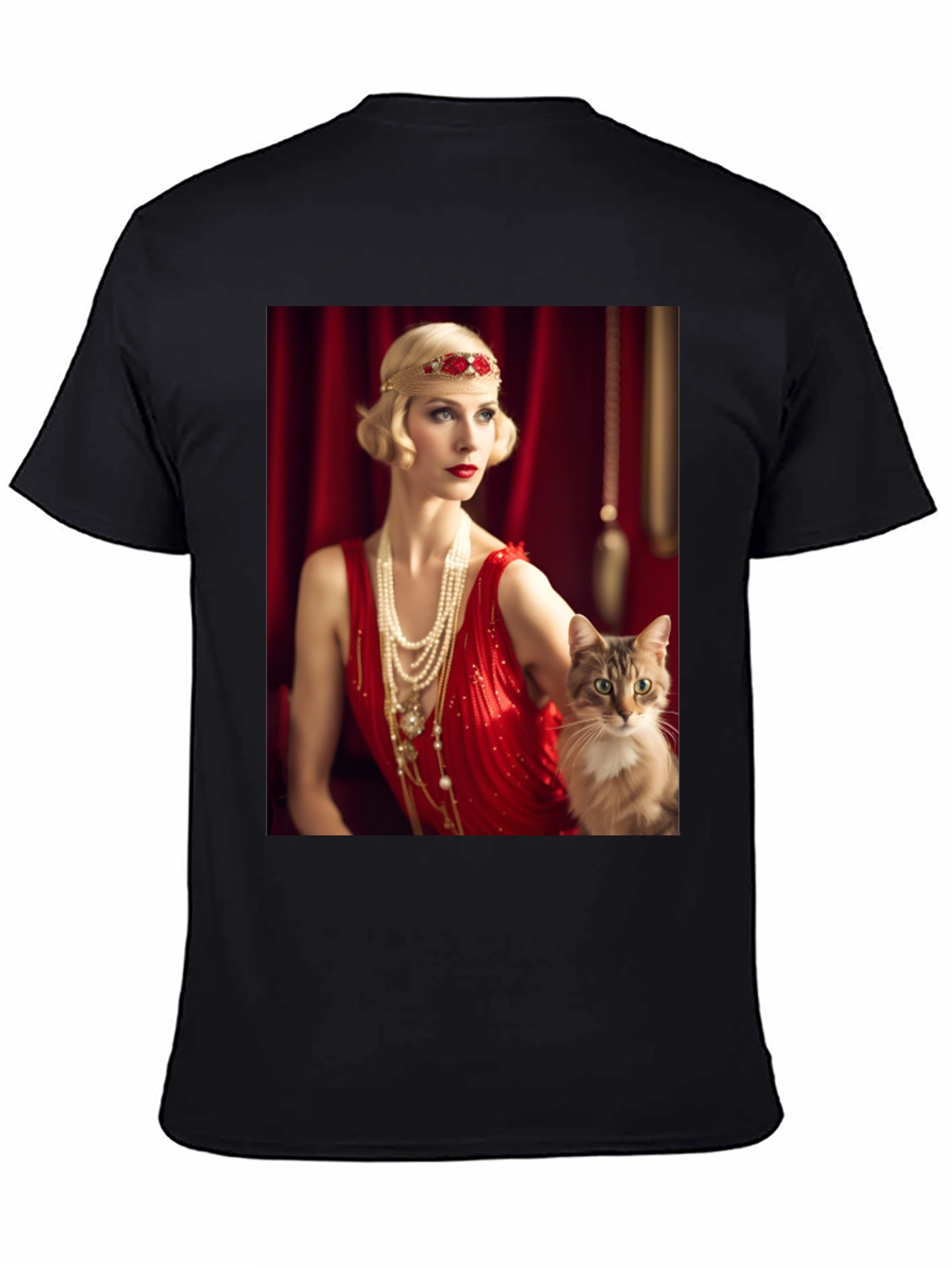Black Retro Glam T-Shirt: Woman & Cat view 4
