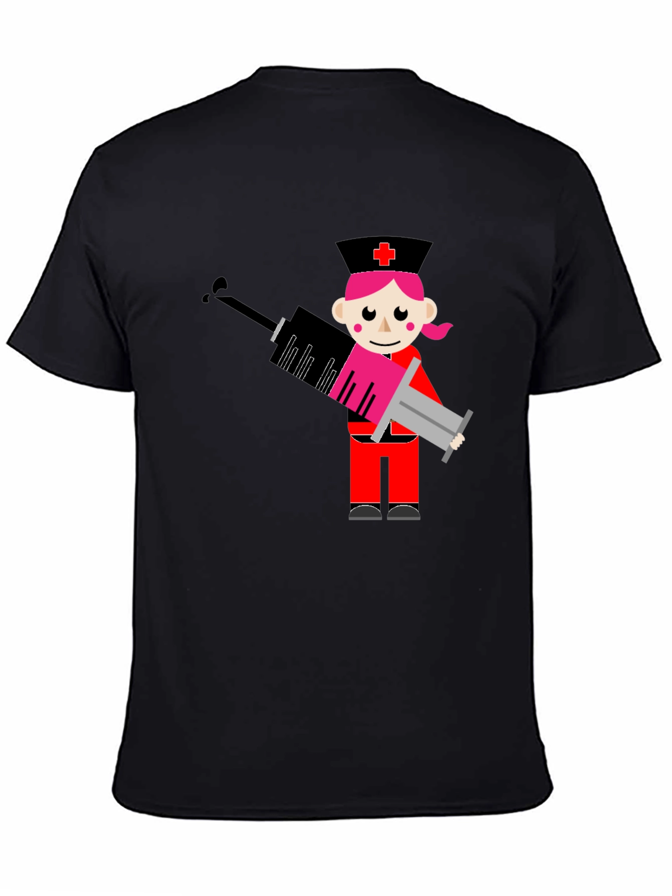 Black Cartoon Nurse Syringe Graphic T-Shirt - Black Cotton Tee view 4