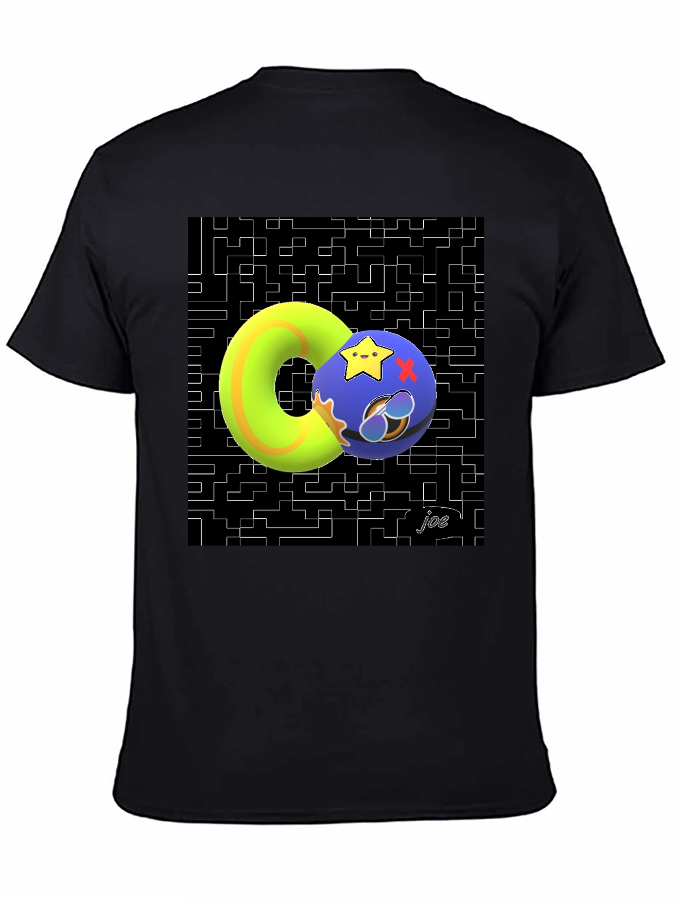 Black Geometric Graphic Tee - Funky Donut and Star Ball Design view 4