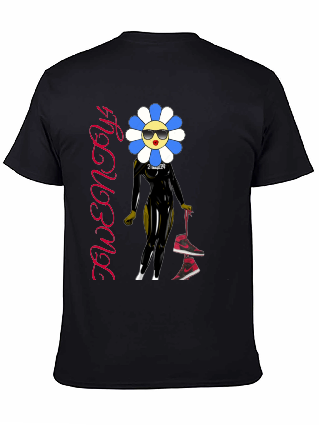 Black Trendy Flower Character Graphic Black T-Shirt view 4