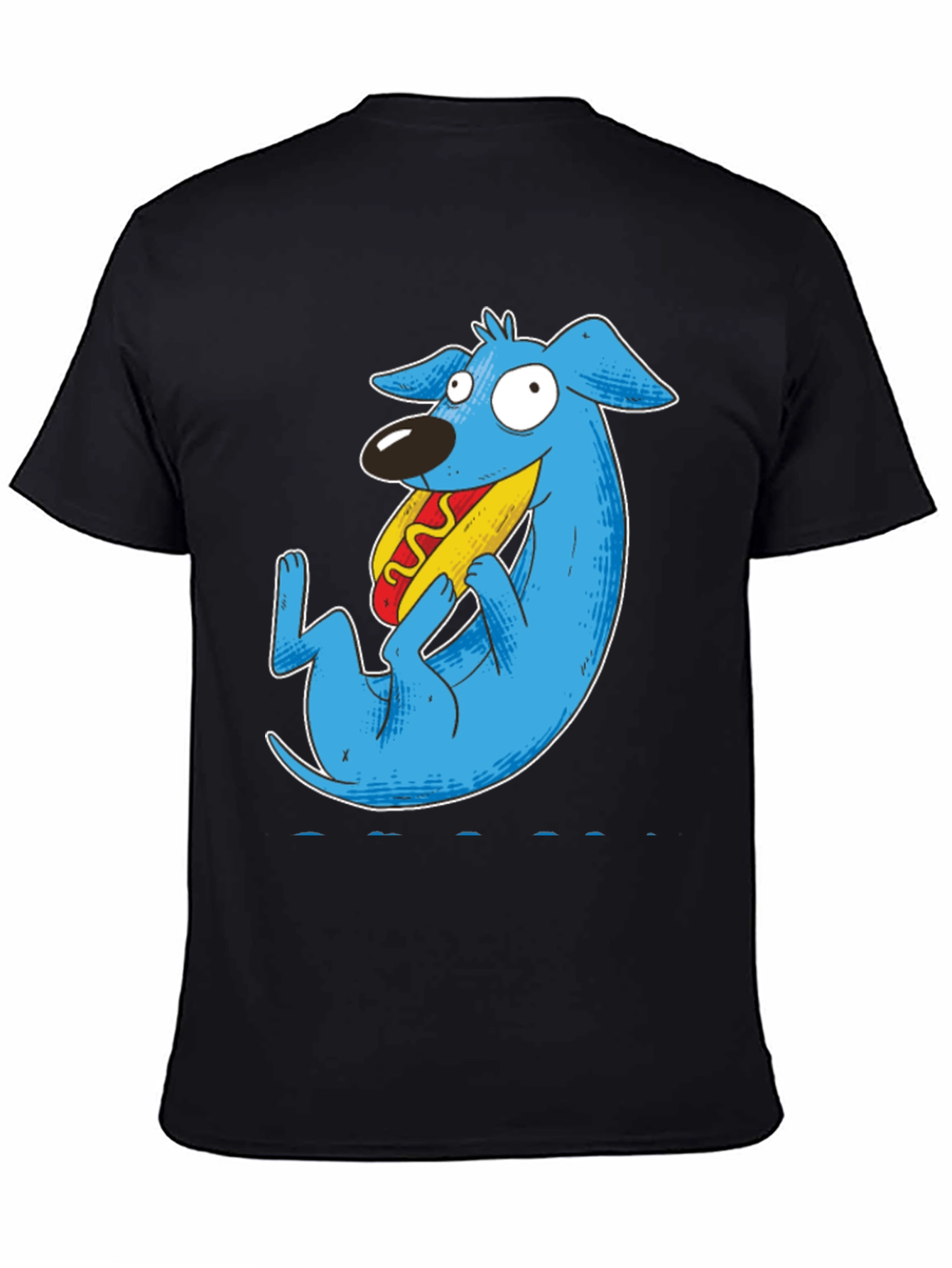 Black Cartoon Blue Dog Eating Hotdog Black T-Shirt view 4