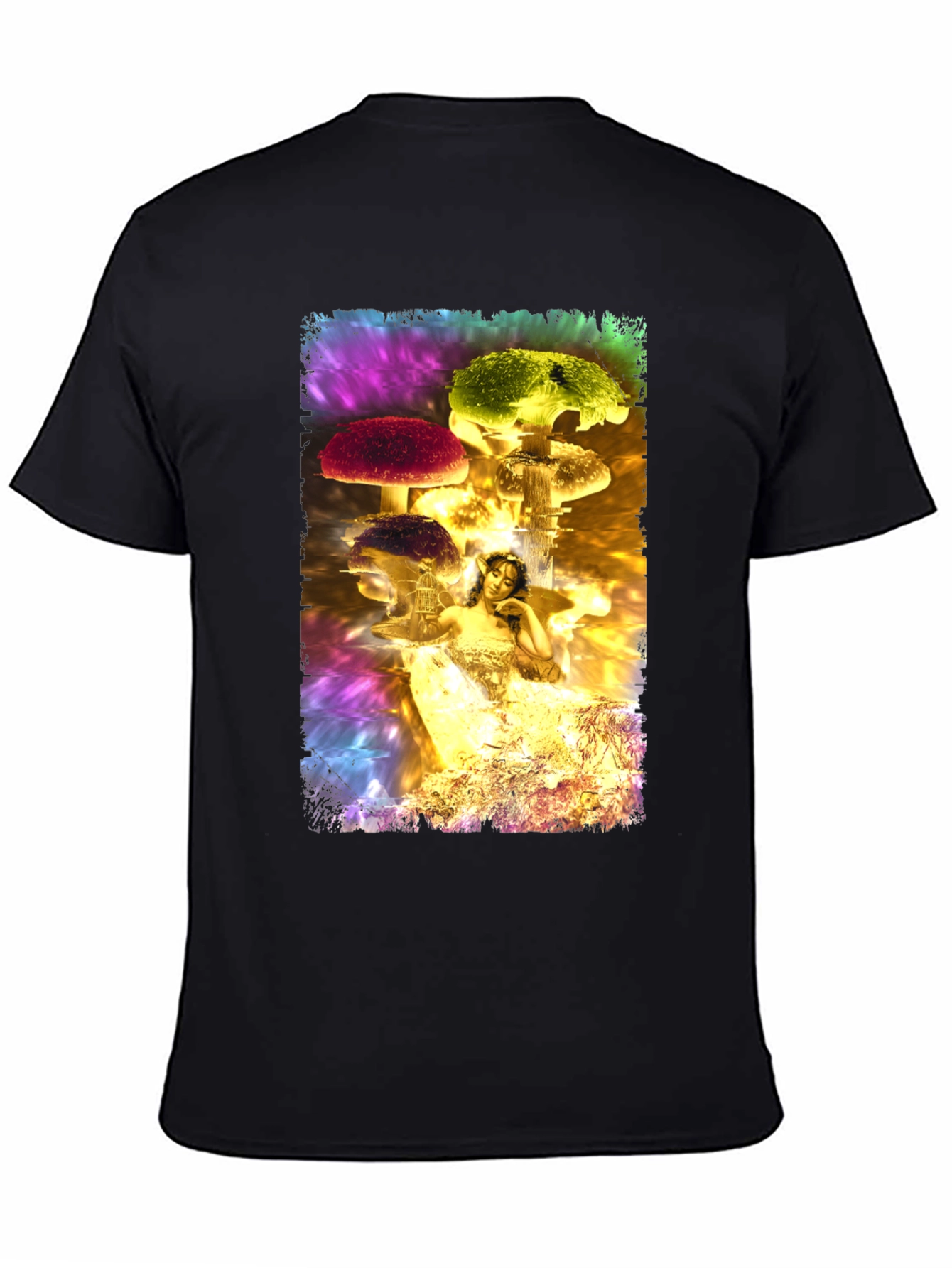 Black Fantasy Mushroom Fairy Graphic T-Shirt view 4