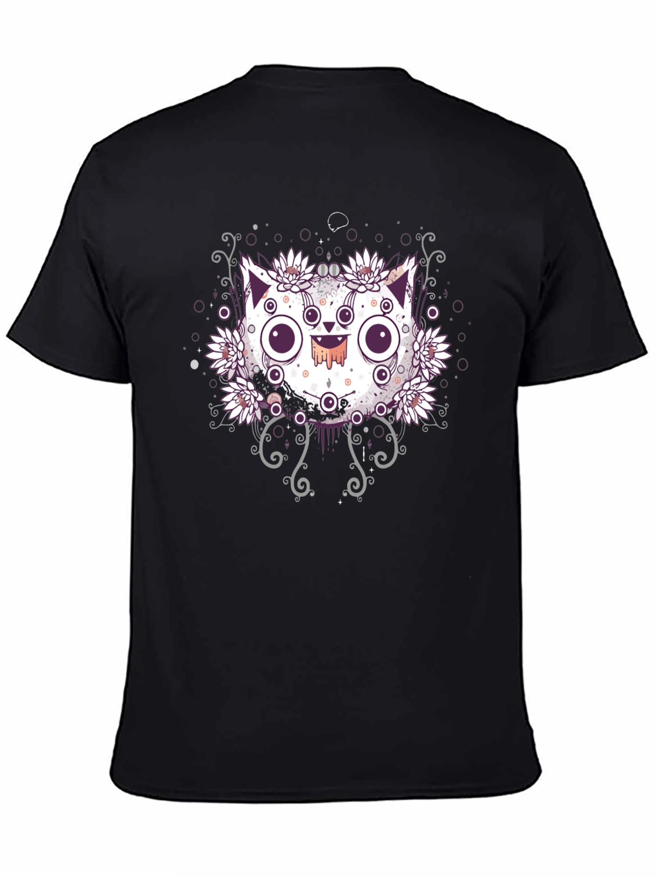 Black Mystical Cat T-Shirt - Floral Design Black Tee view 4