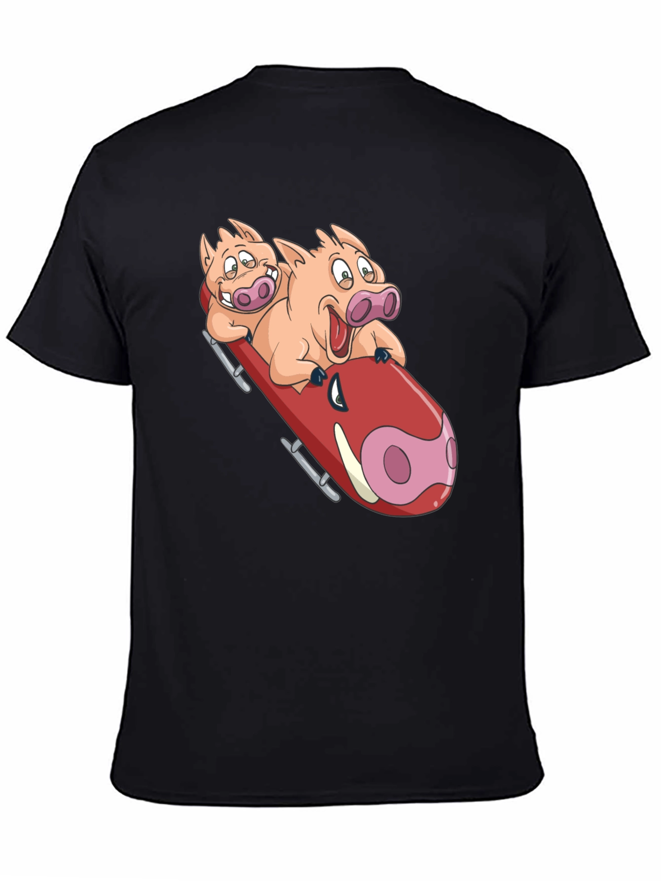 Black Funny Pigs Bobsledding Graphic T-Shirt view 4