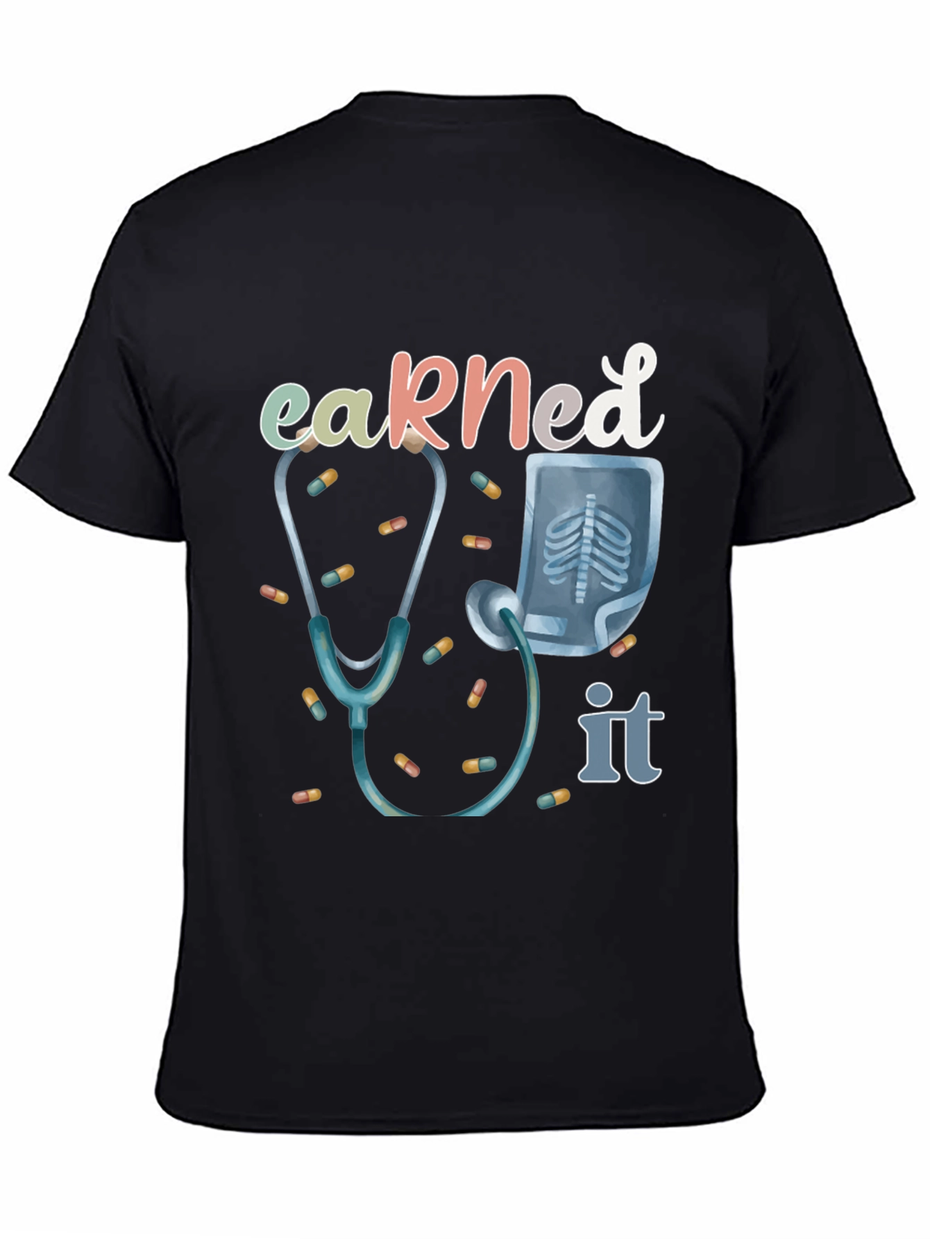 Black Earned It Doctor T-Shirt - Stethoscope & X-Ray Graphic view 4