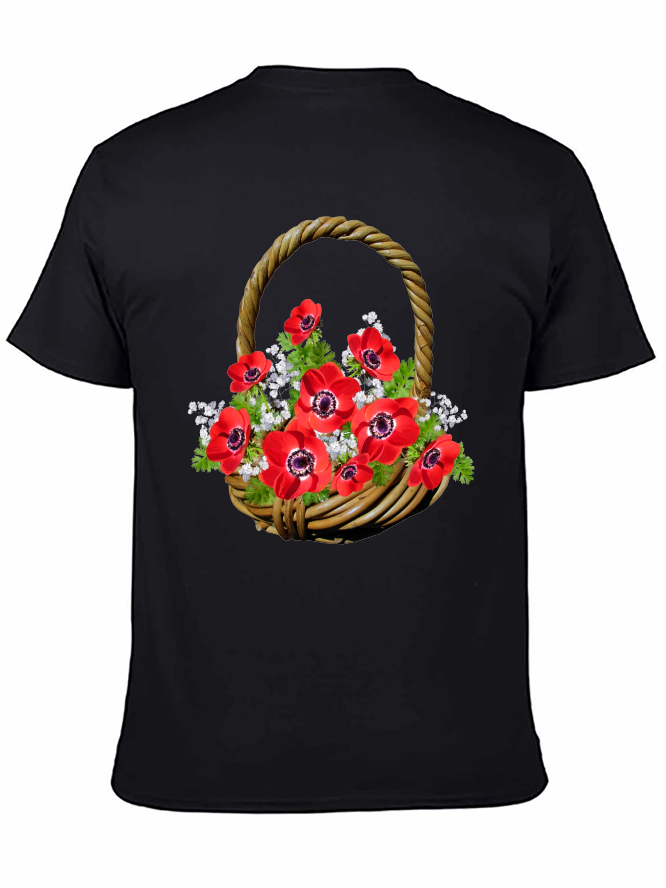 Floral Basket T-Shirt: Red Anemones on Black Cotton Tee - 4