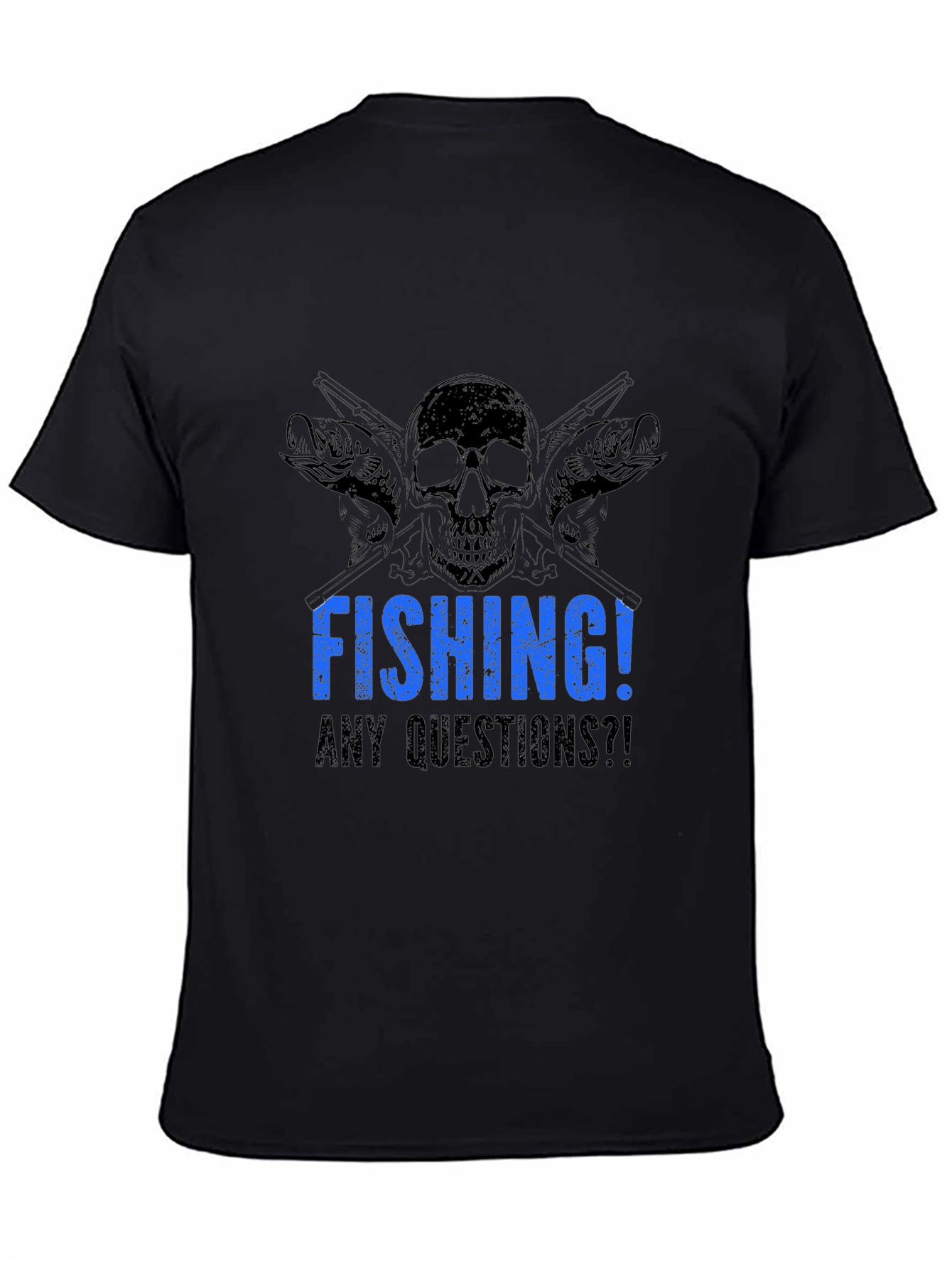 Black Fishing Skull Graphic Tee - Any Questions?! Black Cotton T-Shirt view 4