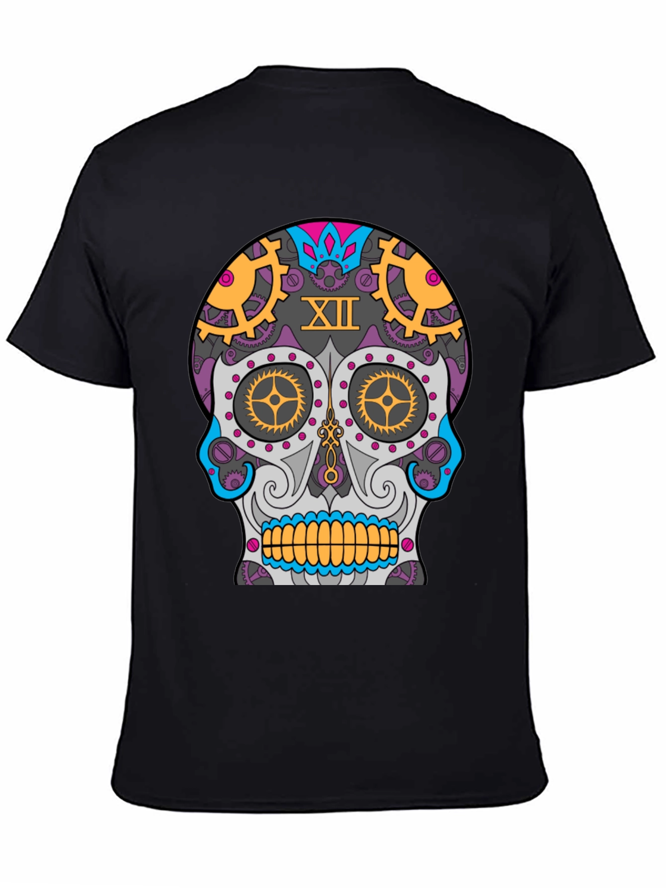 Black Steampunk Sugar Skull T-Shirt - Unique Day of the Dead Design view 4