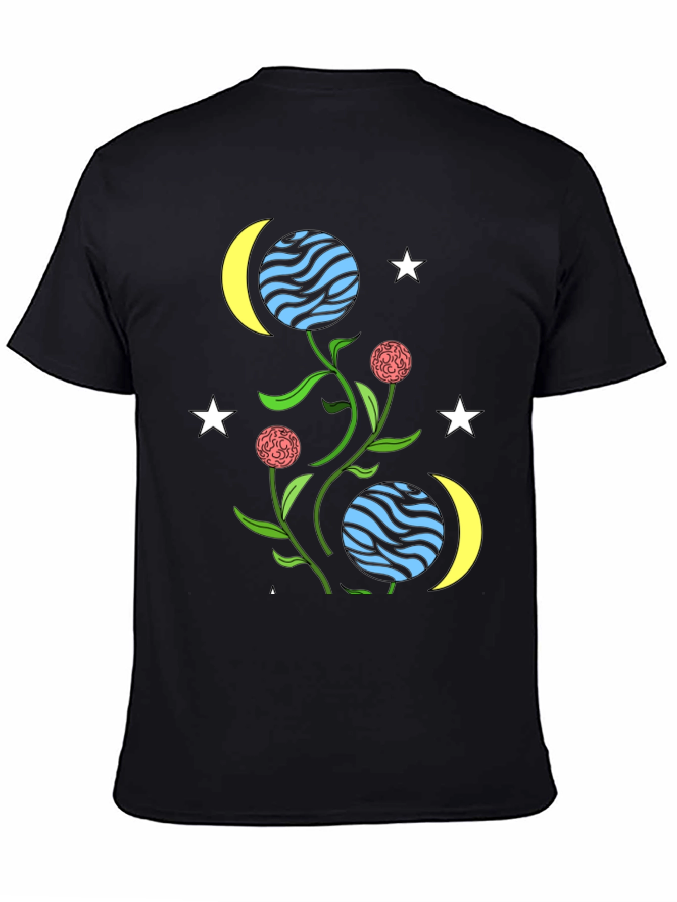 Black Cosmic Floral T-Shirt - Stars, Moons, & Planets Design view 4