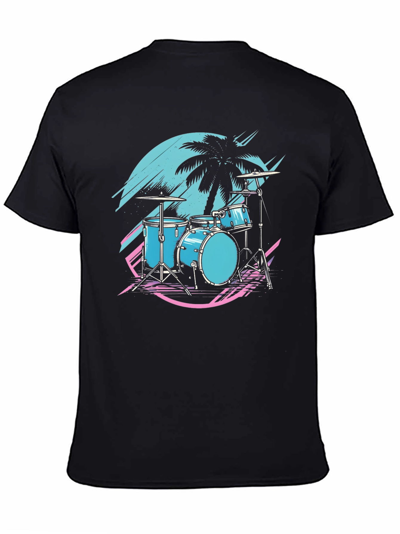 Black Retro Drum Set T-Shirt - Synthwave Vibes view 4
