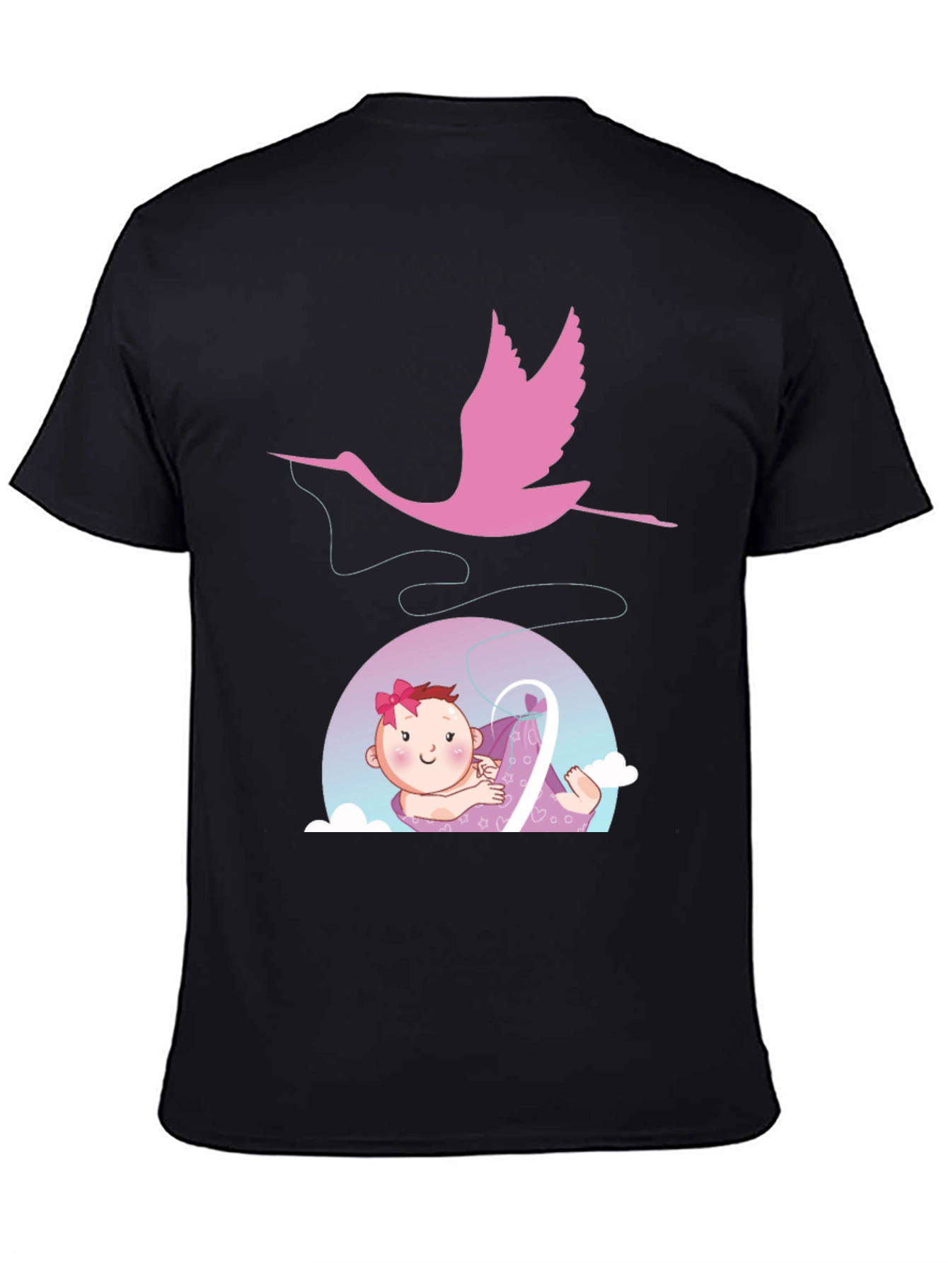 Black Cute Stork Delivering Baby T-Shirt - Black view 4