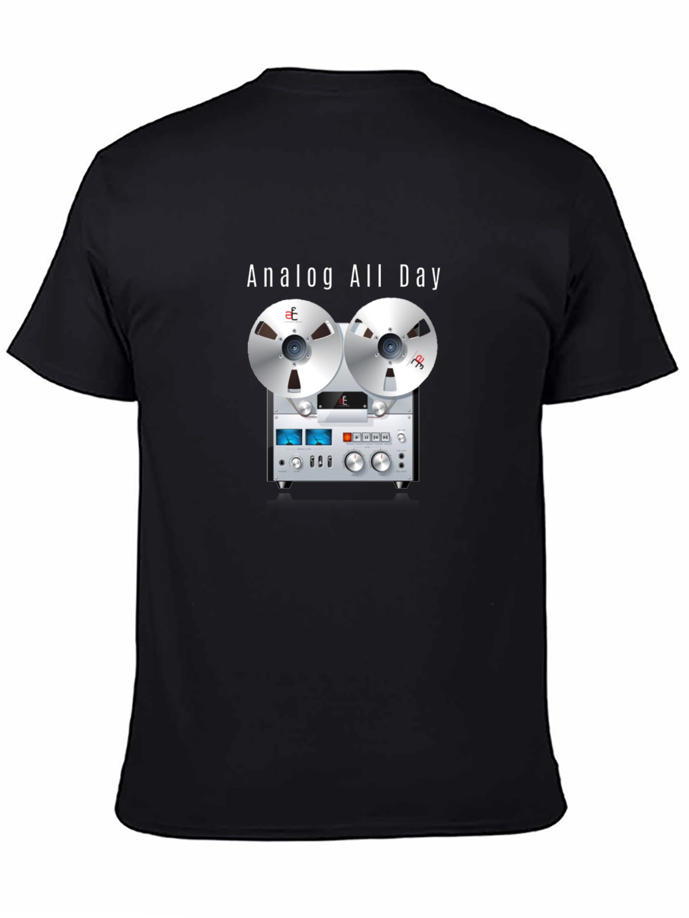 Black Analog All Day T-Shirt: Retro Reel-to-Reel Design view 4