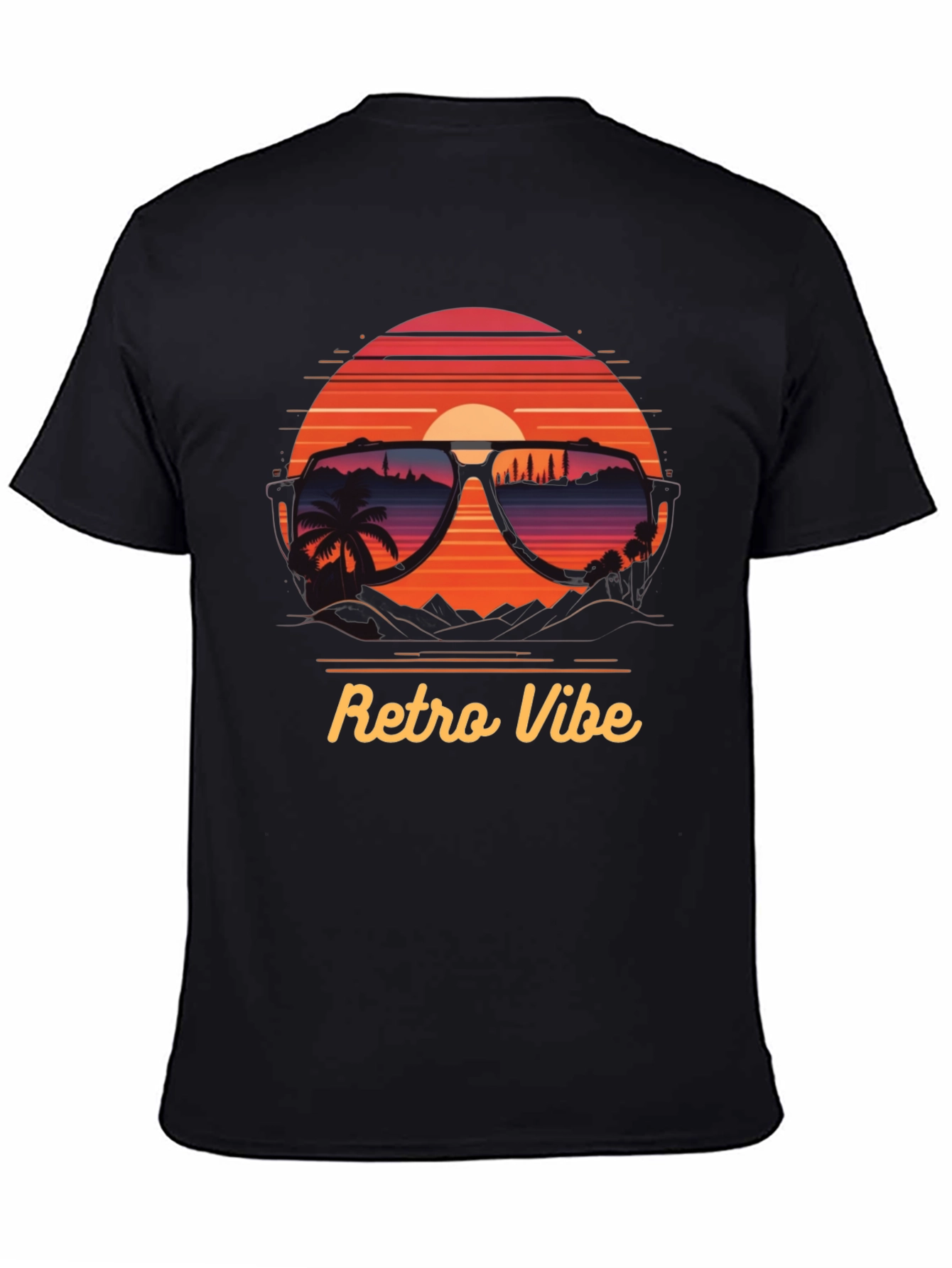 Black Retro Vibe T-Shirt - Sunglasses Sunset Design view 4