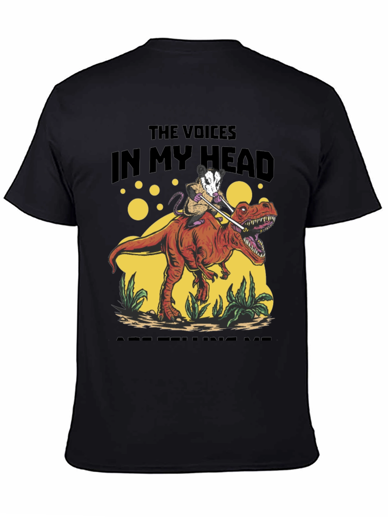 Black Opossum Riding Dinosaur T-Shirt - The Voices In My Head view 4