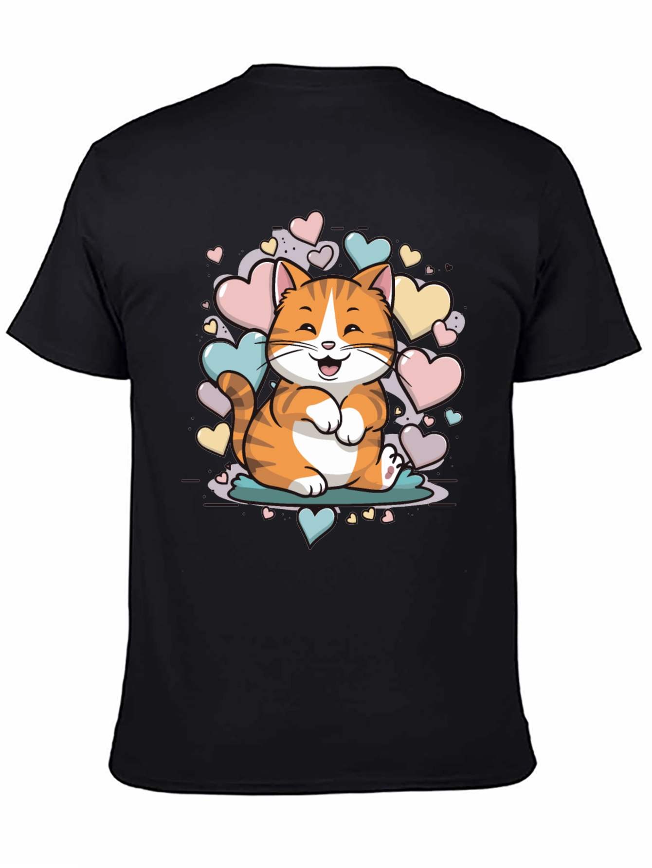 Black Cute Cat with Hearts Graphic Tee - Unisex Black T-Shirt view 4