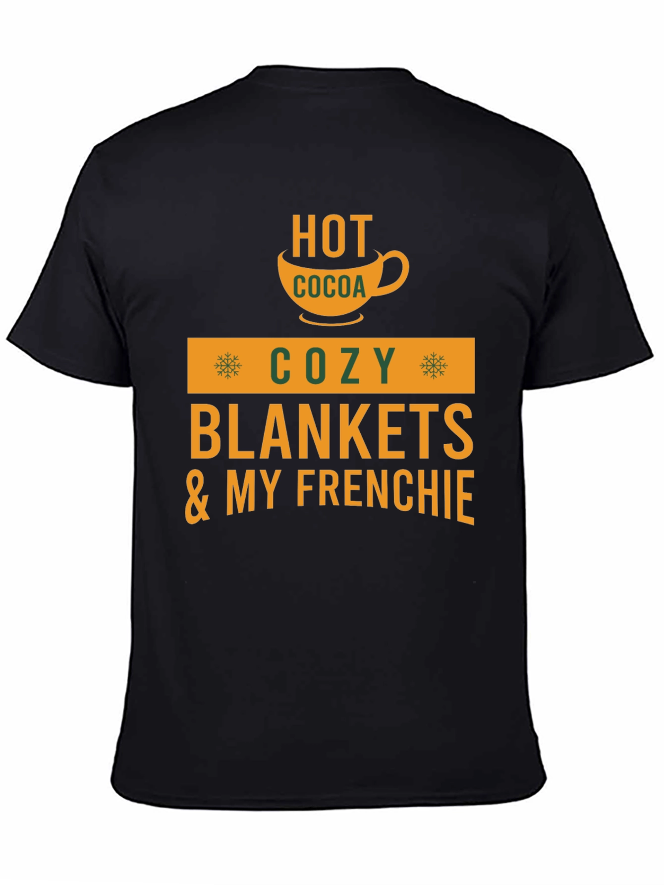 Black Cozy Season T-Shirt: Hot Cocoa & Frenchie view 4