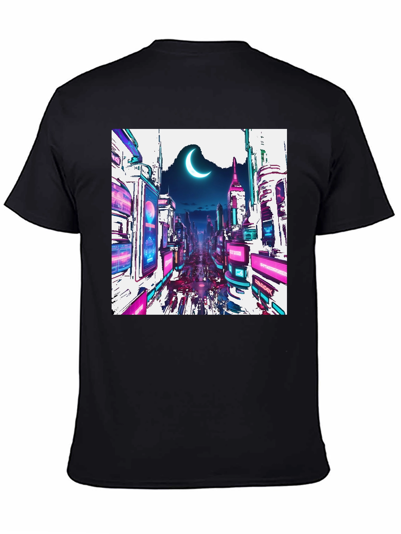 Black Cyberpunk Cityscape Graphic Tee - Crescent Moon Edition view 4