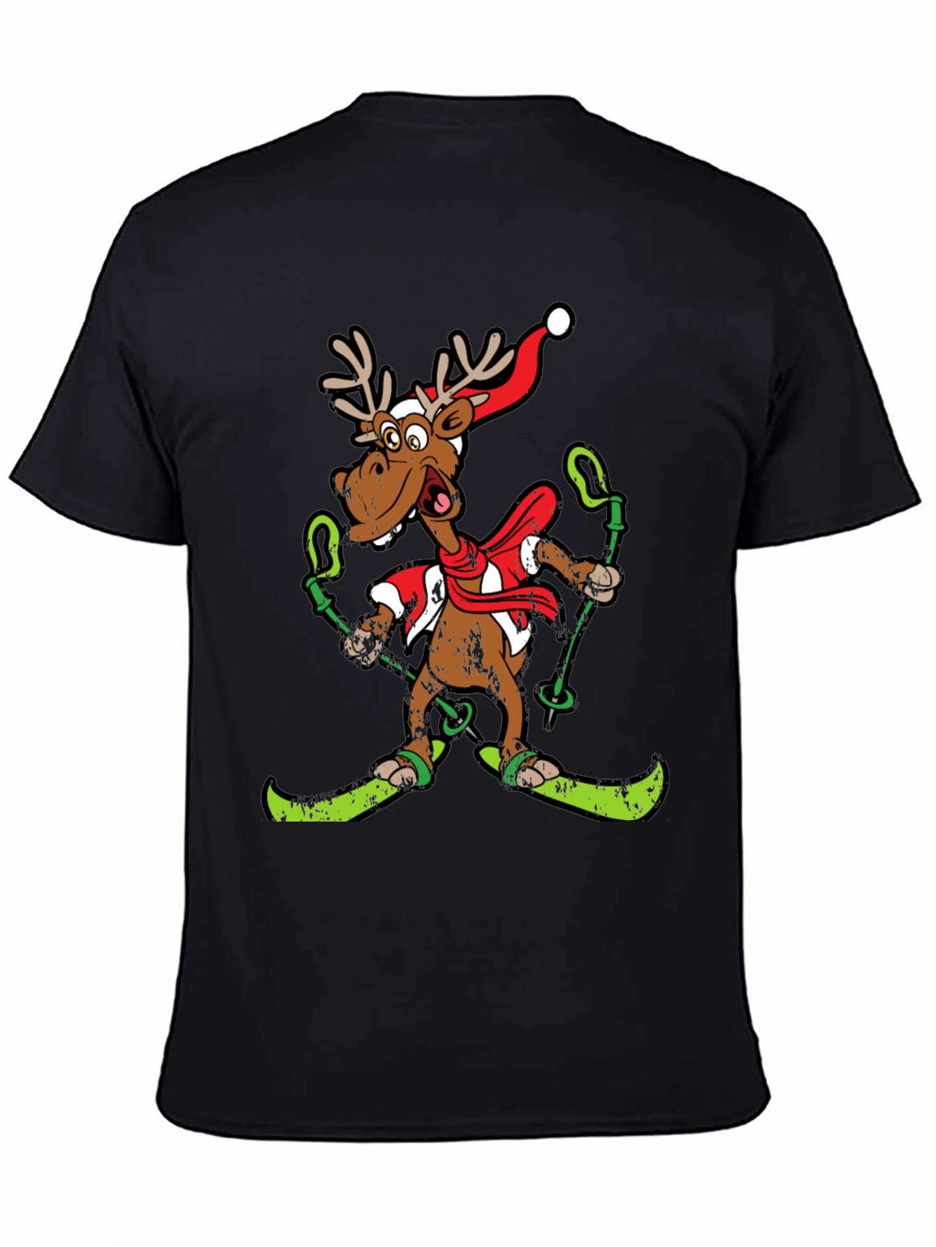 Black Funny Skiing Reindeer Christmas Graphic Tee view 4