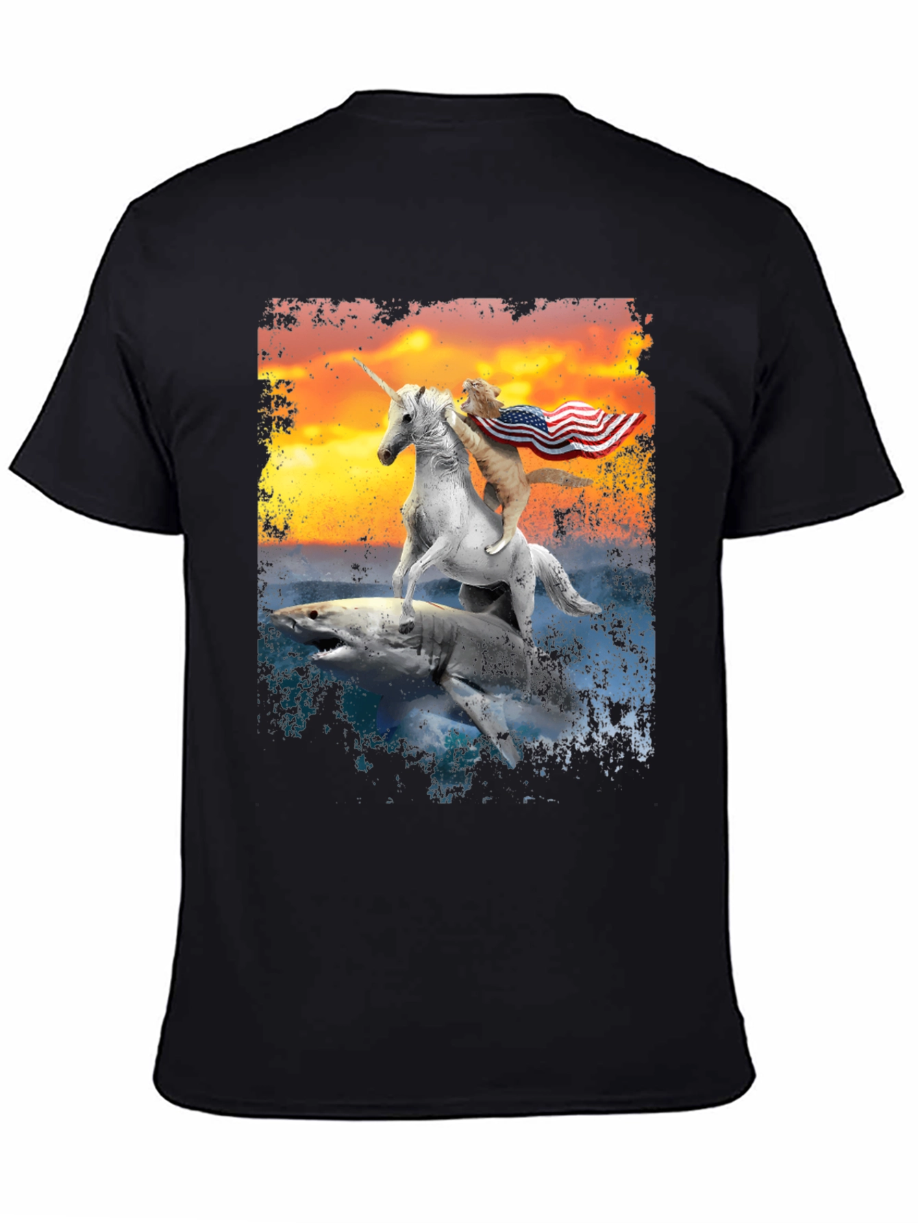 Black Cat Riding Unicorn on Shark T-Shirt view 4