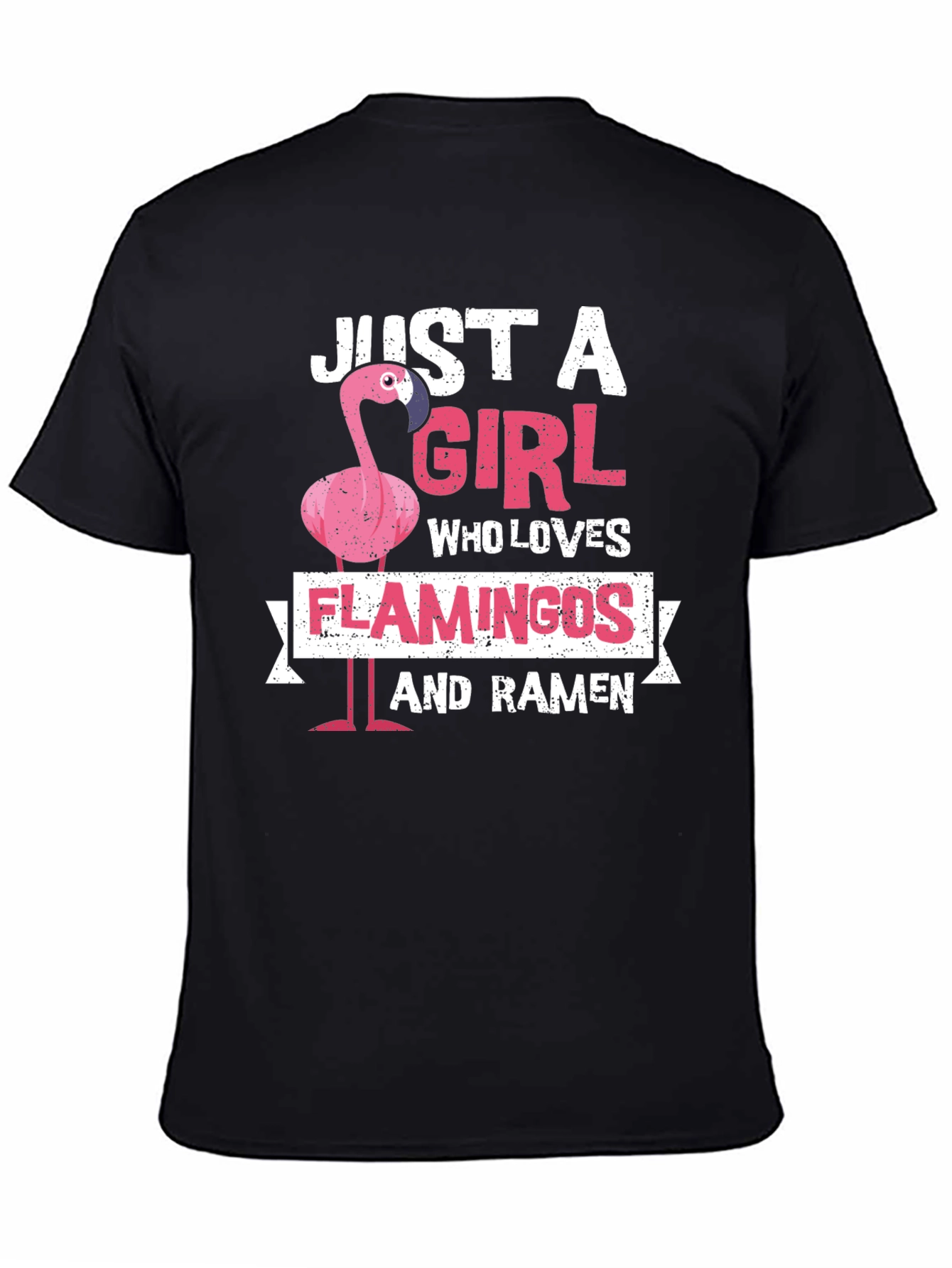 Black Just A Girl Who Loves Flamingos and Ramen T-Shirt view 4