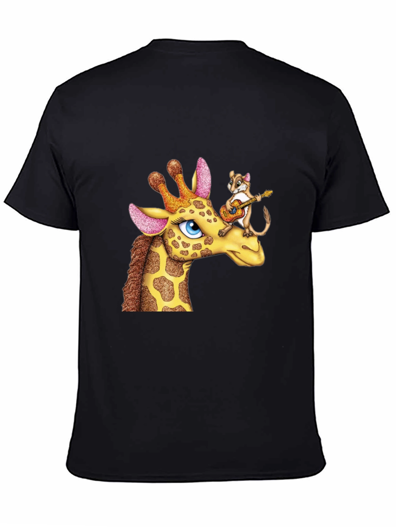 Black Giraffe & Squirrel Cartoon Graphic Black T-Shirt view 4
