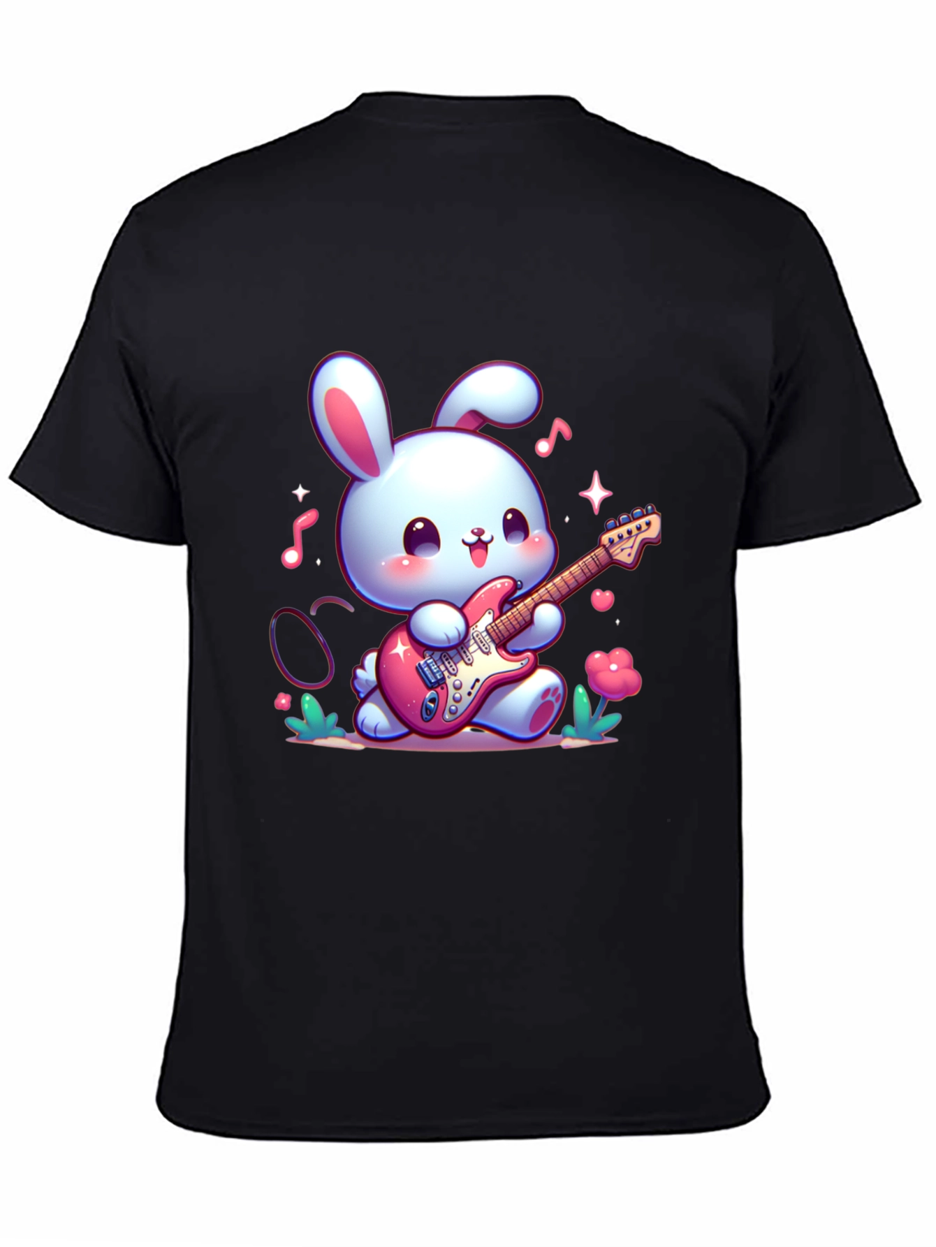 Black Cute Bunny Guitarist Black T-Shirt view 4