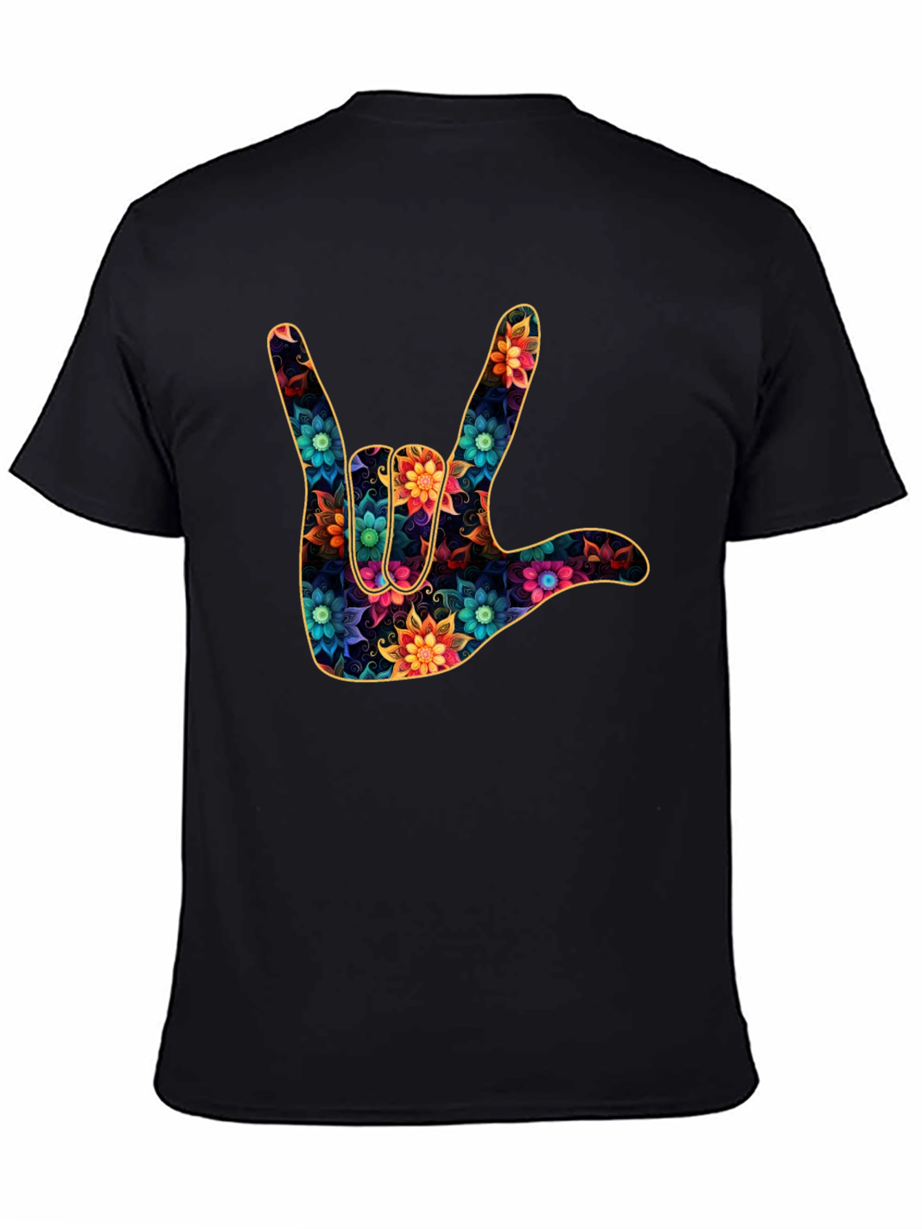 Black Floral "I Love You" Hand Sign Black T-Shirt view 4