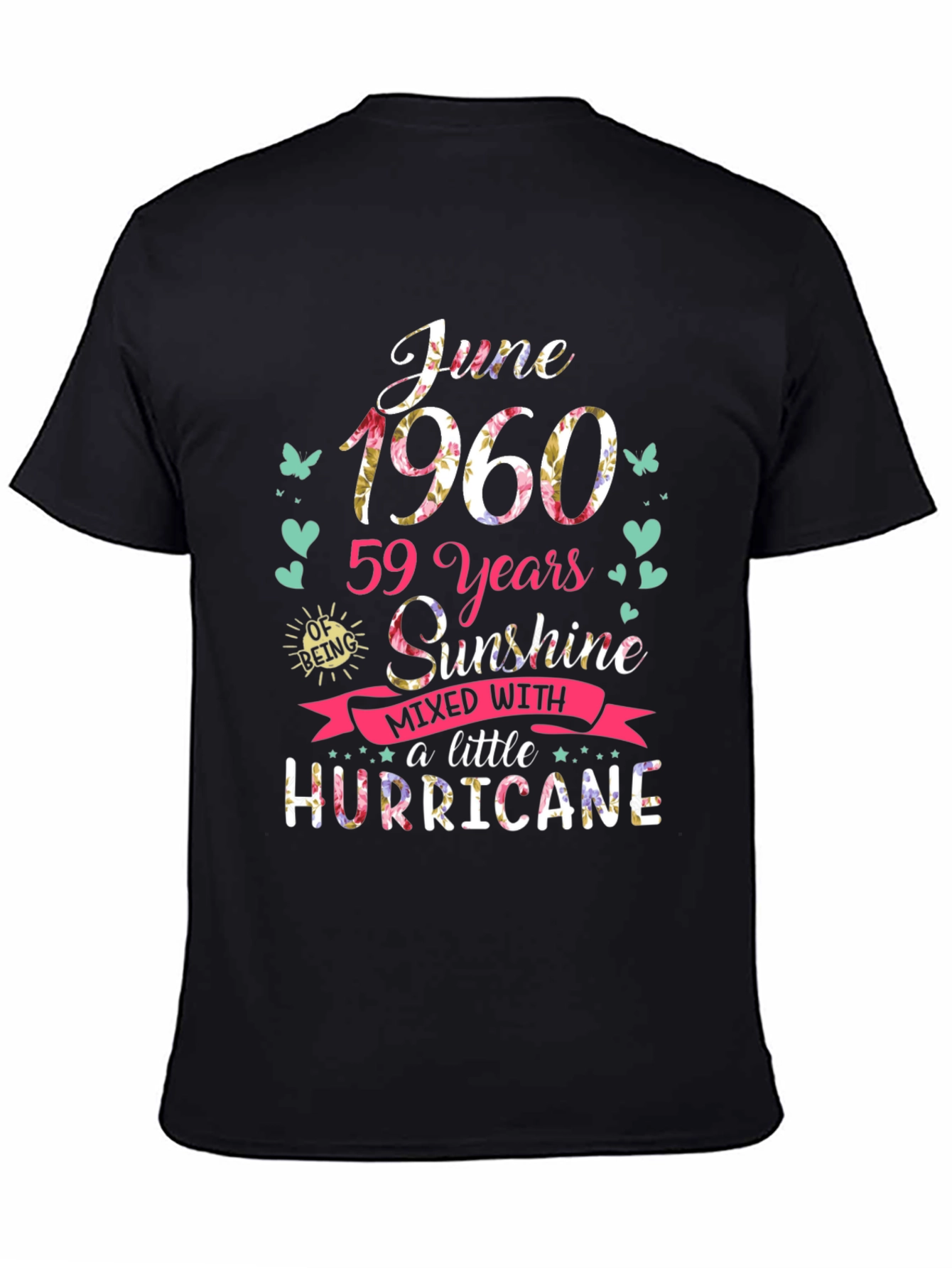Black June 1960 Birthday T-Shirt - Sunshine & Hurricane view 4
