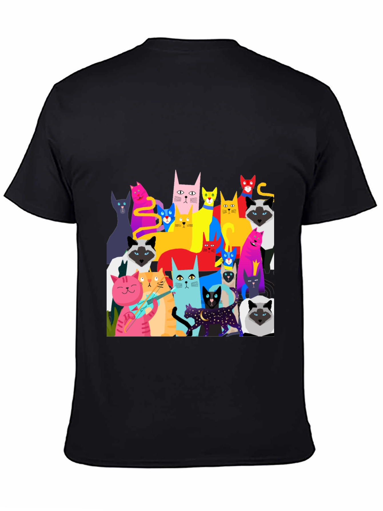 Black Colorful Cat Graphic Tee - Unique Fun Design view 4