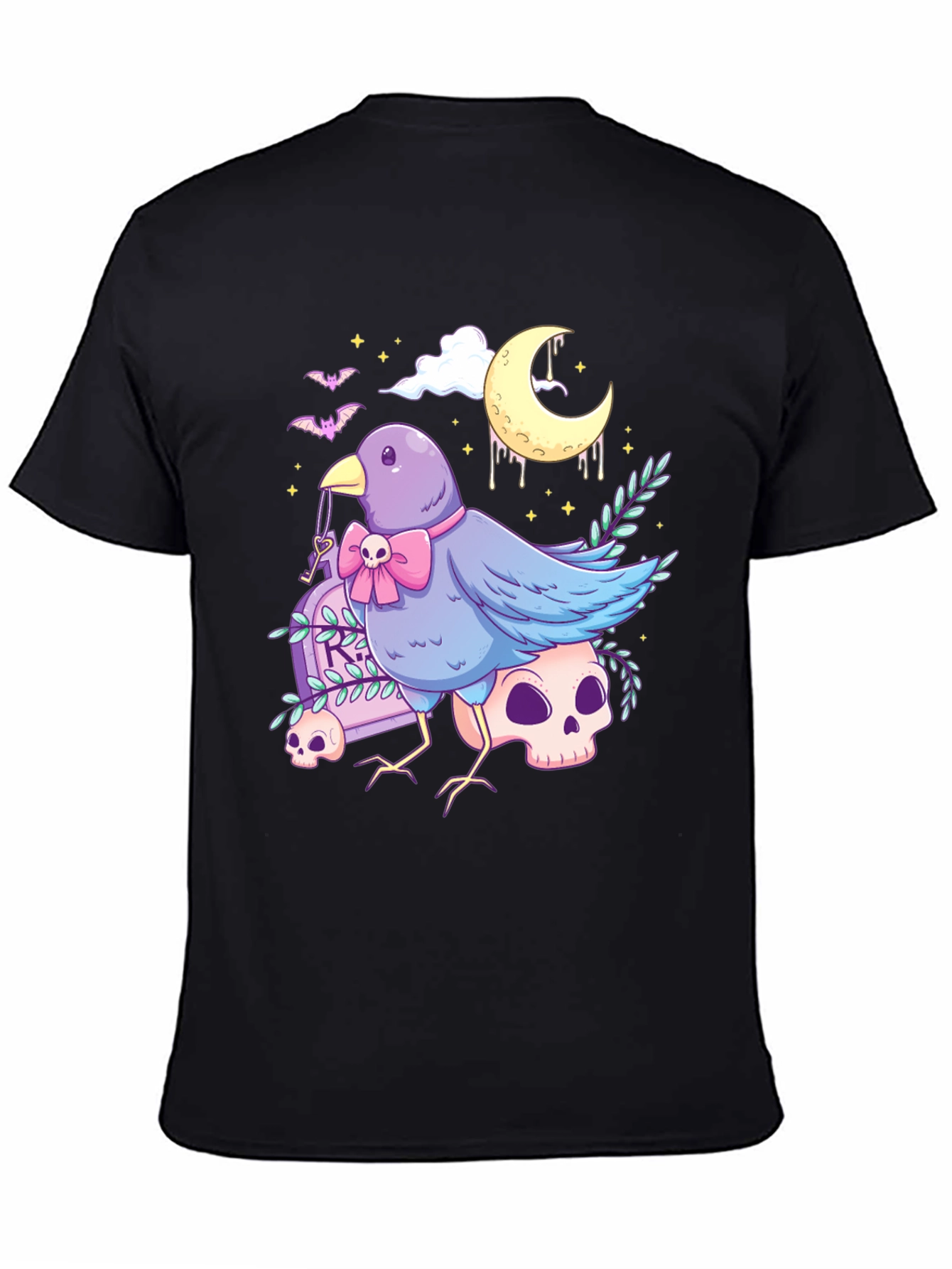 Black Gothic Bird Graphic Tee - Skull & Moon Design view 4