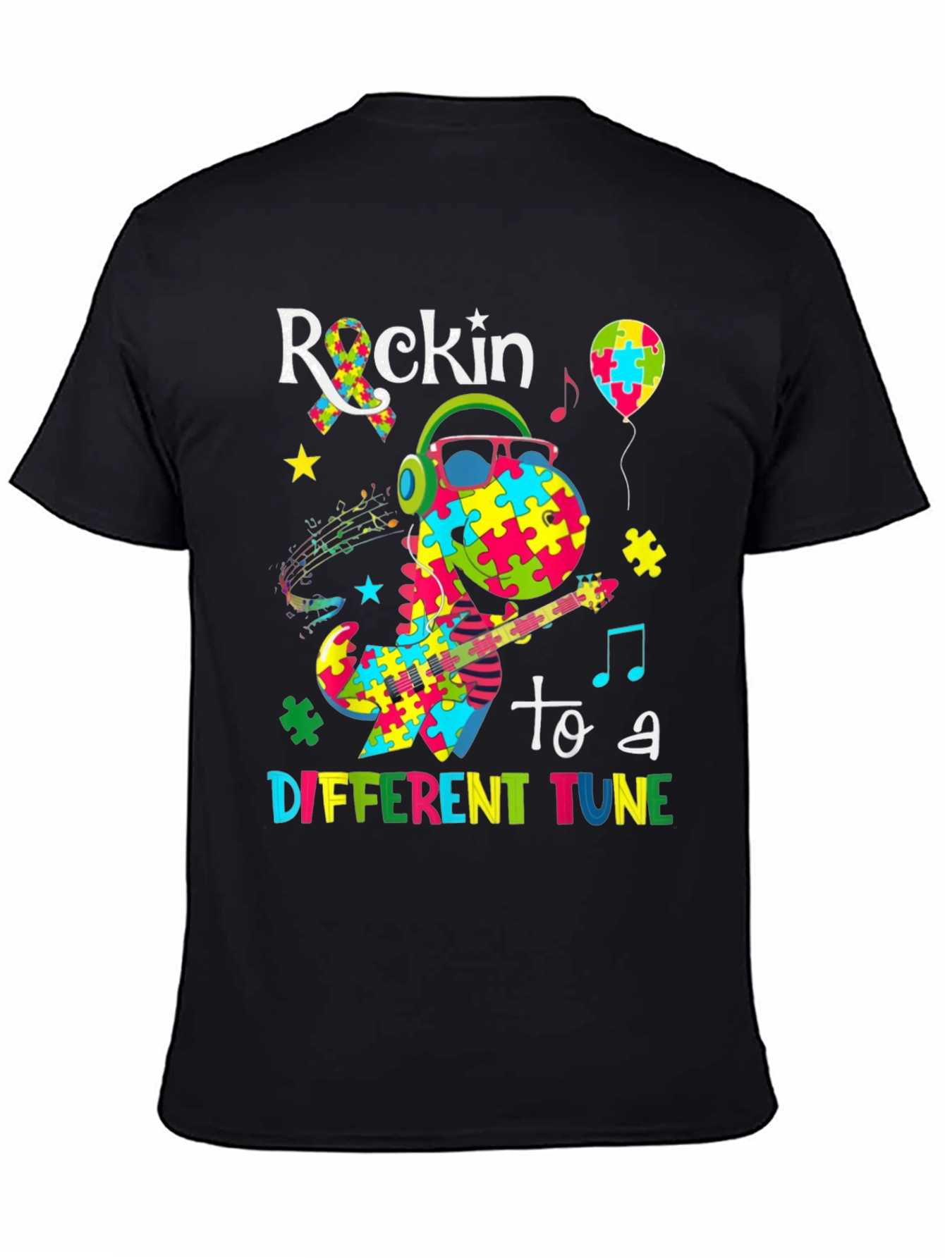 Black Rockin' to a Different Tune Autism Awareness T-Shirt view 4