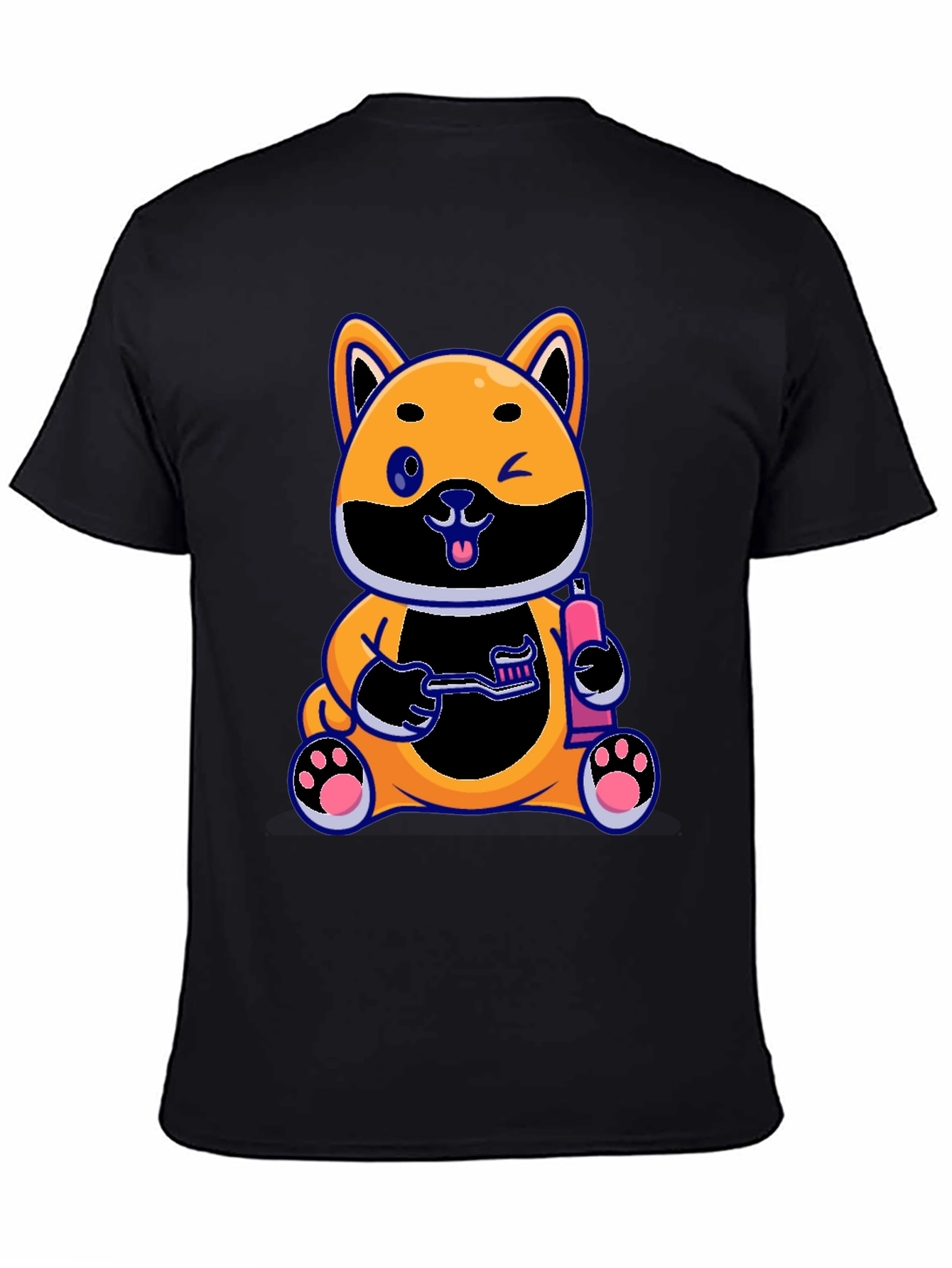 Black Cute Dog with Toothbrush Graphic Black T-Shirt view 4
