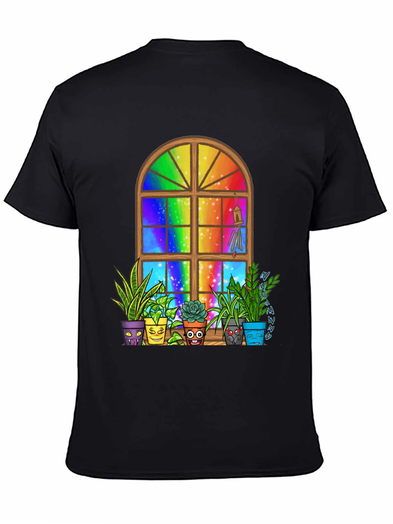Black Rainbow Window Potted Plants Graphic Tee view 4